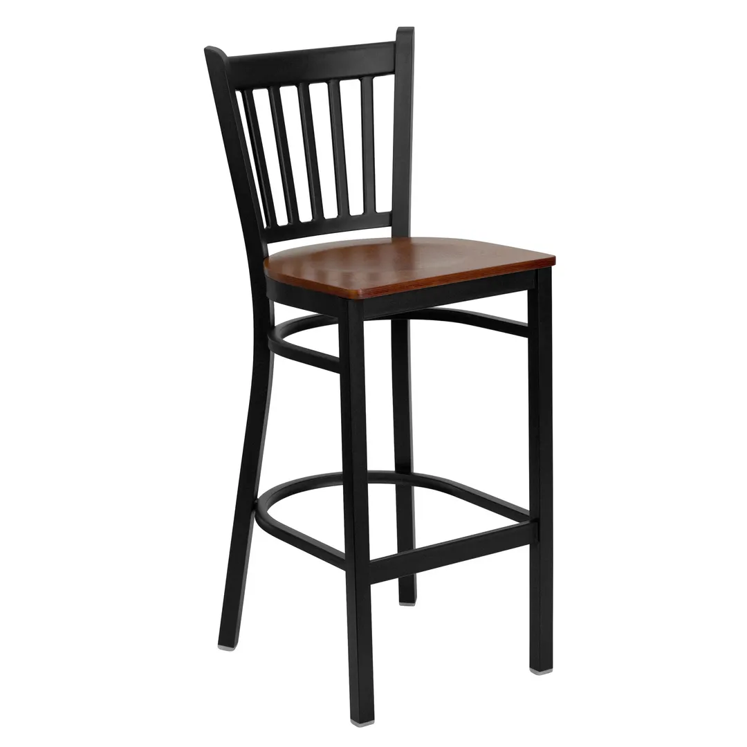 Flash Furniture XU-DG-6R6B-VRT-BAR-CHYW-GG Hercules Series Restaurant Bar Stool, Metal Slat Back, Cherry Finish Wood Seat, Black Powder Coated Steel Frame