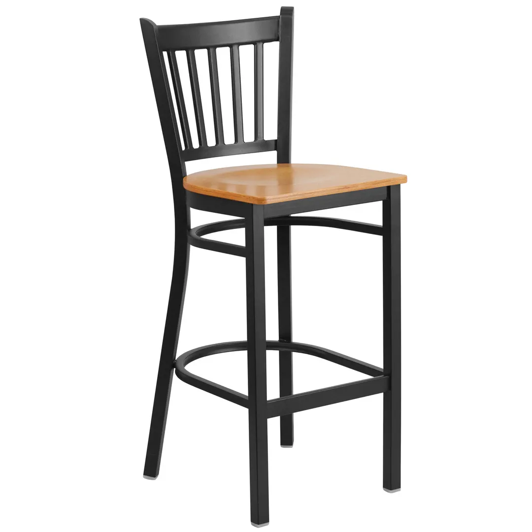 Flash Furniture XU-DG-6R6B-VRT-BAR-NATW-GG Hercules Series Restaurant Bar Stool, Metal Slat Back, Natural Wood Seat, Black Powder Coated Frame