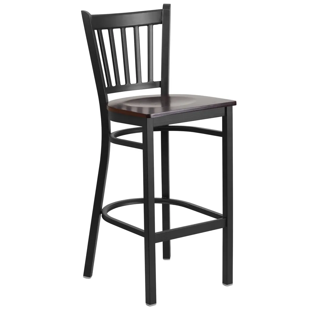Flash Furniture XU-DG-6R6B-VRT-BAR-WALW-GG Hercules Series Restaurant Bar Stool, Metal Slat Back, Walnut Finish Wood Seat, Black Powder Coated Steel Frame