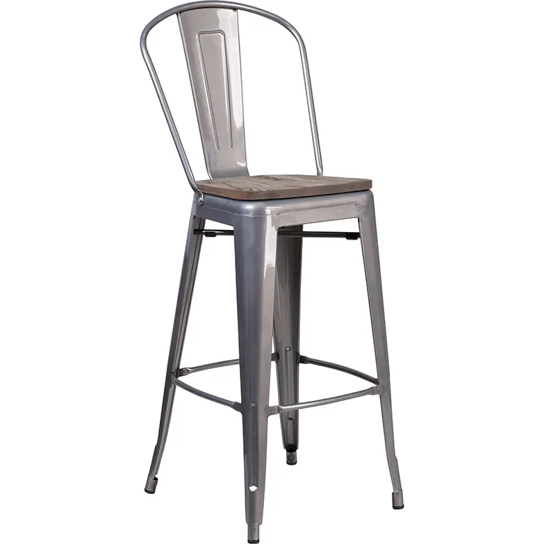 Flash Furniture XU-DG-TP001B-30-WD-GG 30.5" Bar Stool, Metal Slatted Back, Wood Seat, 500 lb, Silver