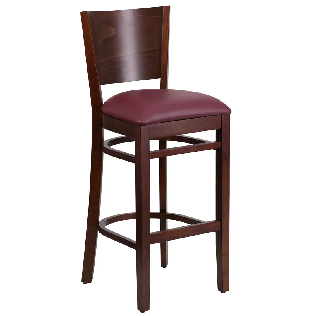 Flash Furniture XU-DG-W0094BAR-WAL-BURV-GG Lacey Series Restaurant Bar Stool, Solid Wood Back, Burgundy Vinyl Seat, Walnut Finish, Commercial Use