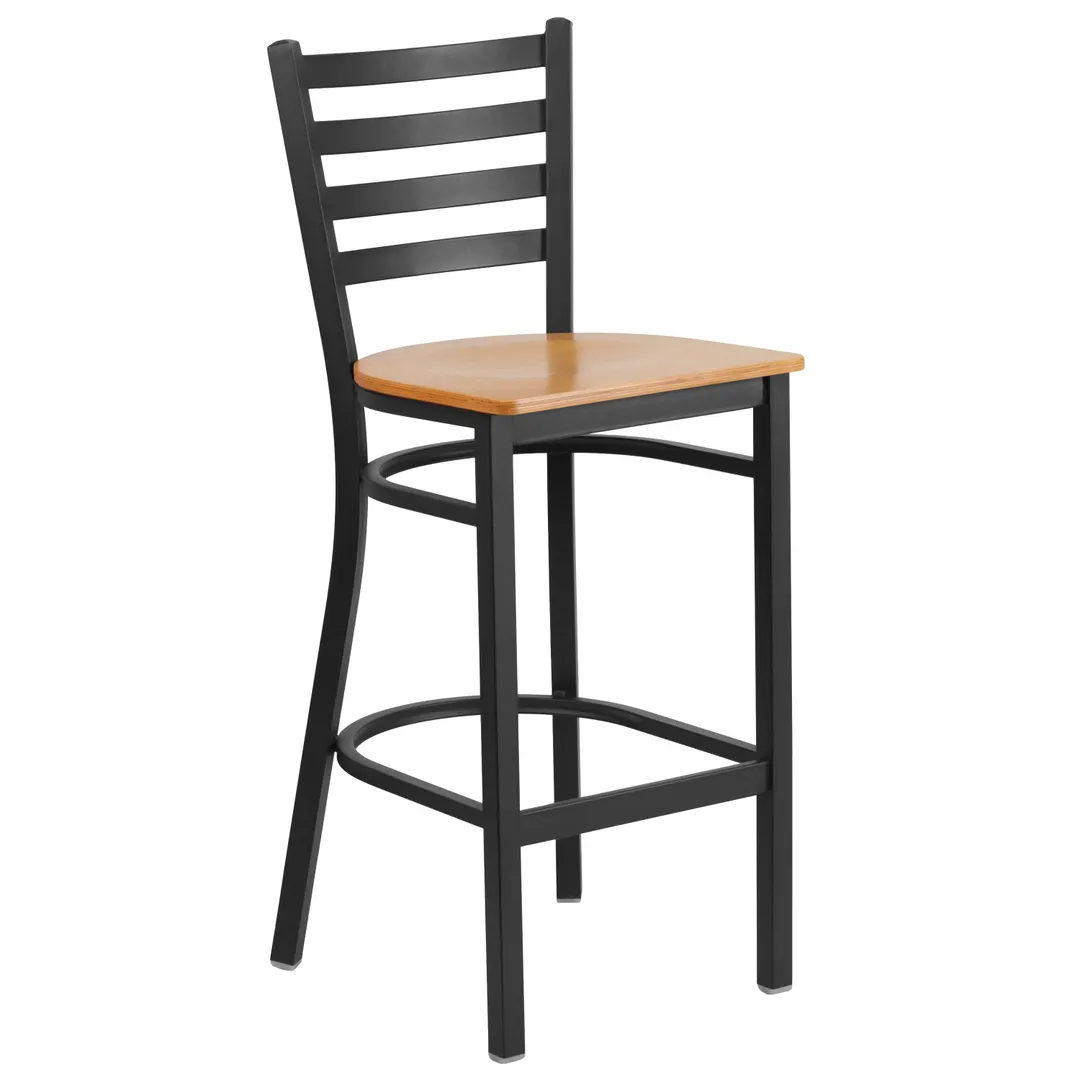 Flash Furniture XU-DG697BLAD-BAR-NATW-GG Hercules Series Restaurant Bar Stool, Metal Ladder Back, Natural Finish Plywood Seat, Black Powder Coated Frame
