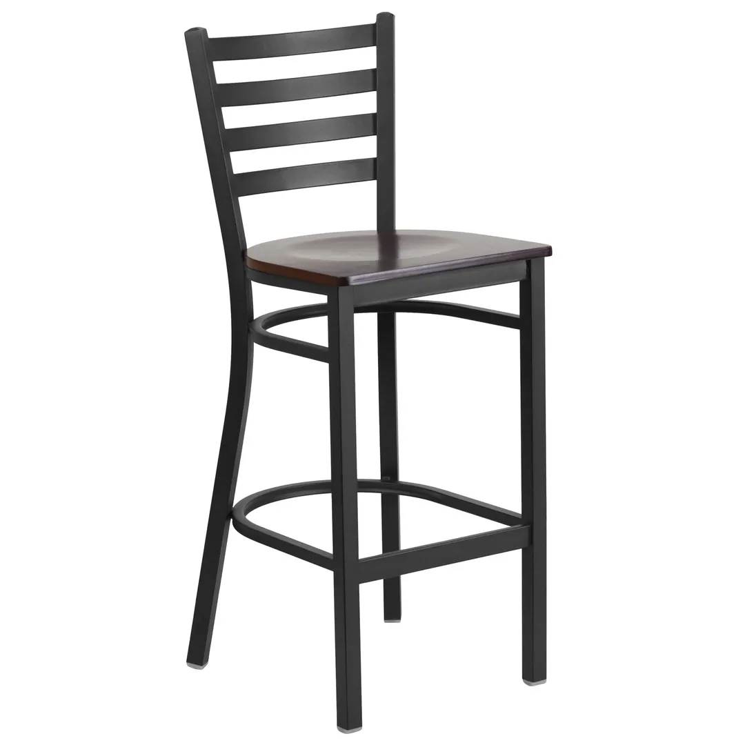 Flash Furniture XU-DG697BLAD-BAR-WALW-GG Hercules Series Restaurant Bar Stool, Metal Ladder Back, Walnut Finish Wood Seat, Black Powder Coated Steel Frame