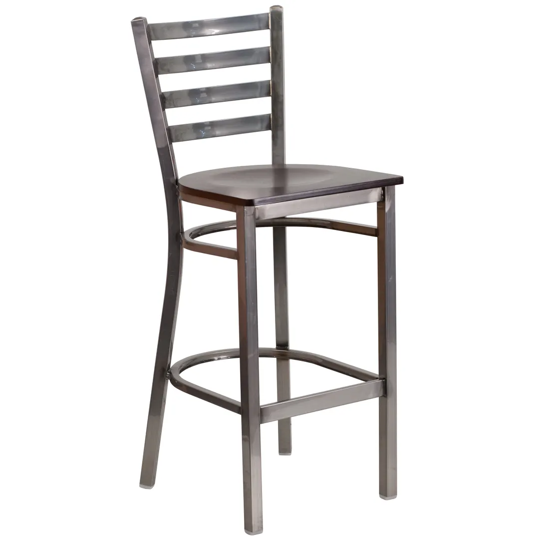 Flash Furniture XU-DG697BLAD-CLR-BAR-WALW-GG Hercules Series Metal Ladder Back Restaurant Bar Stool, Walnut Finish, Clear Coated Steel Frame