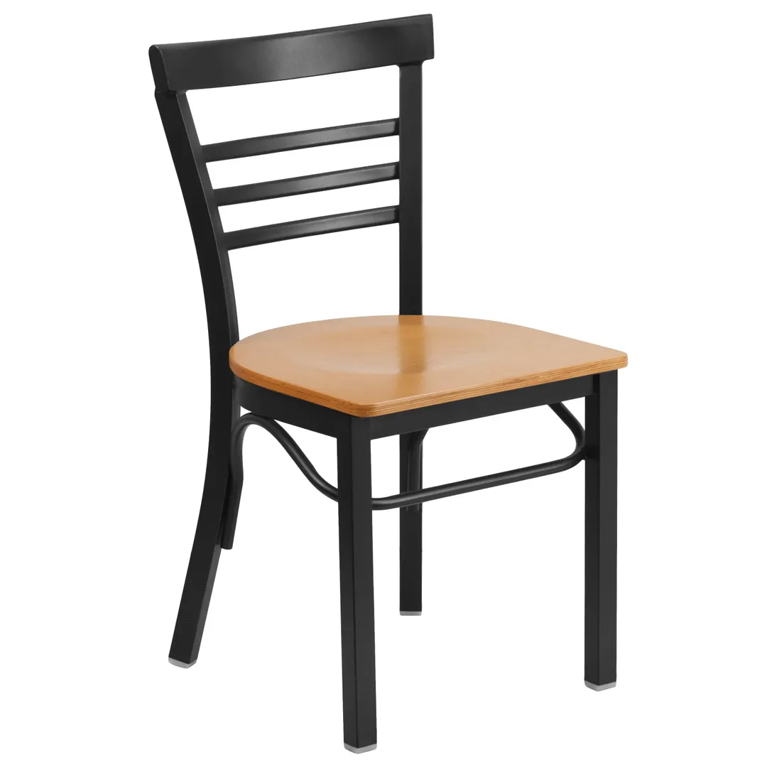 Flash Furniture XU-DG6Q6B1LAD-NATW-GG Hercules Series Restaurant Side Chair, Ladder Back, Natural Wood Finish, Black Steel Frame