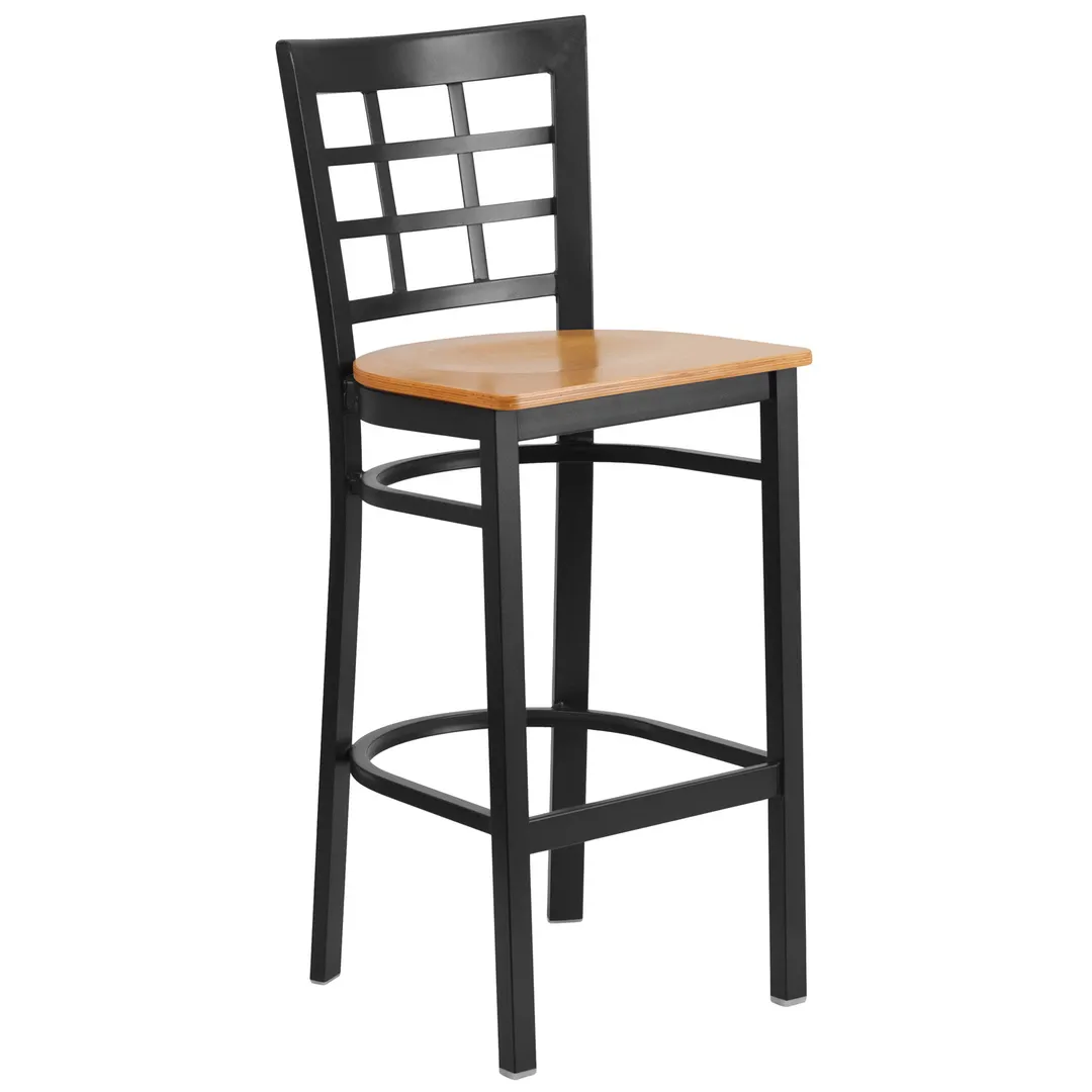 Flash Furniture XU-DG6R7BWIN-BAR-NATW-GG Hercules Series Restaurant Bar Stool, Metal Grid Back, Natural Wood Seat, Black Powder Coated Steel Frame