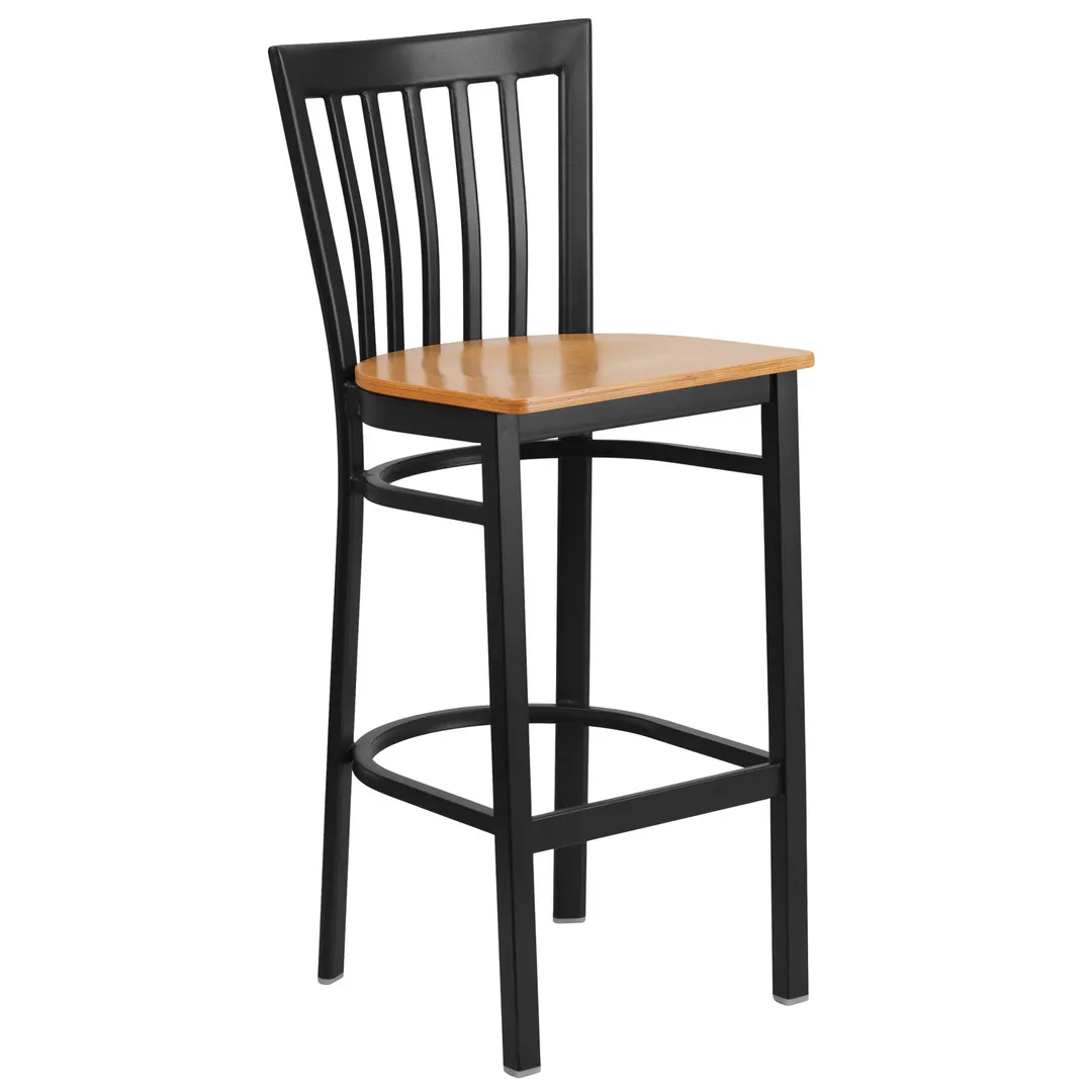 Flash Furniture XU-DG6R8BSCH-BAR-NATW-GG Hercules Series Metal Slat Back Bar Stool, Natural Finish Wood Seat, Black Powder Coated Steel Frame
