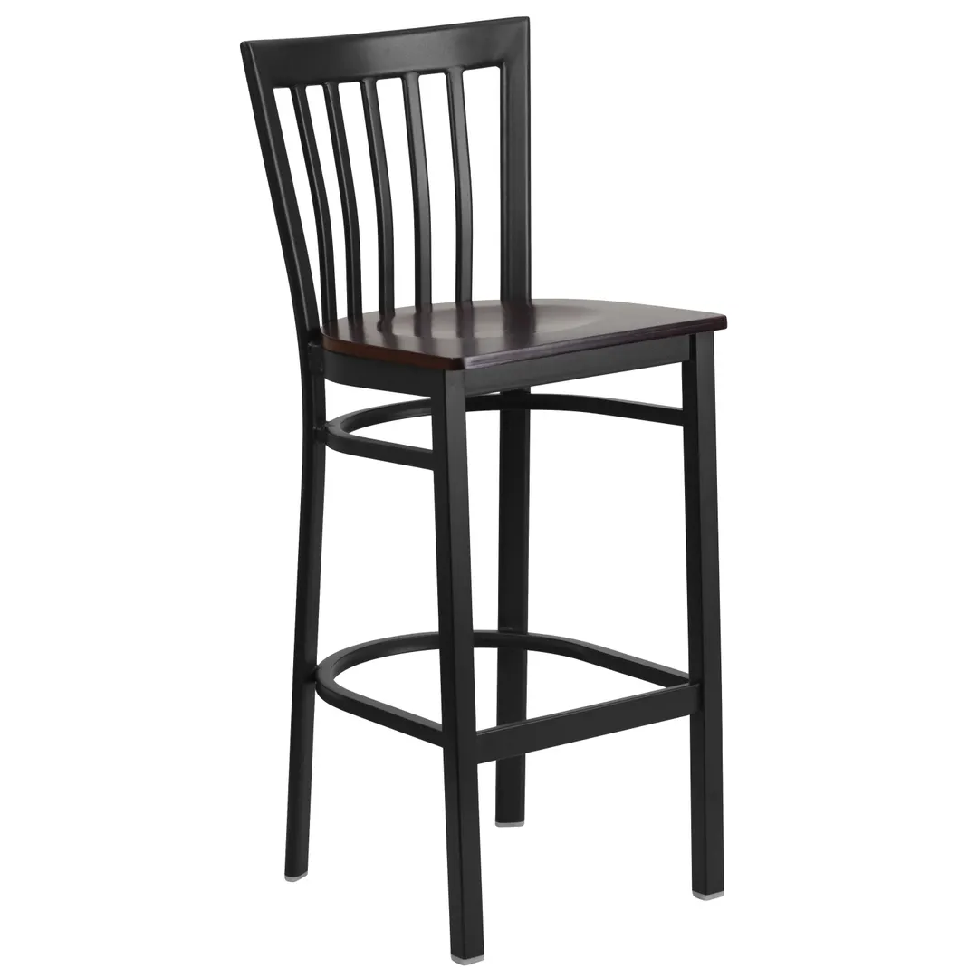 Flash Furniture XU-DG6R8BSCH-BAR-WALW-GG Hercules Series Restaurant Bar Stool, Metal Slat Back, Walnut Finish Plywood Seat, Black Powder Coated Steel Frame