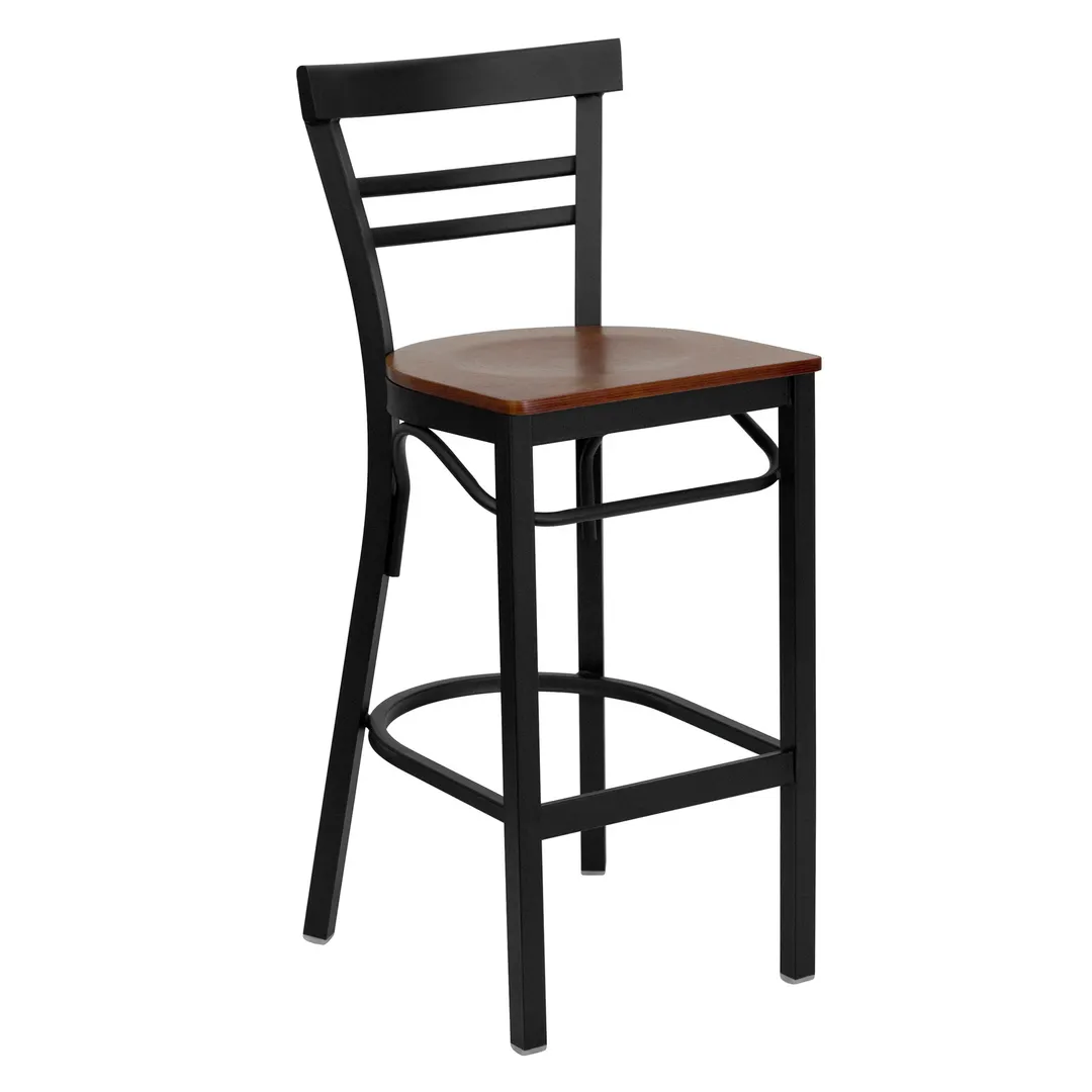 Flash Furniture XU-DG6R9BLAD-BAR-CHYW-GG Hercules Series Restaurant Bar Stool, Metal Ladder Back, Cherry Finish Wood Seat, Black Powder Coated Steel Frame