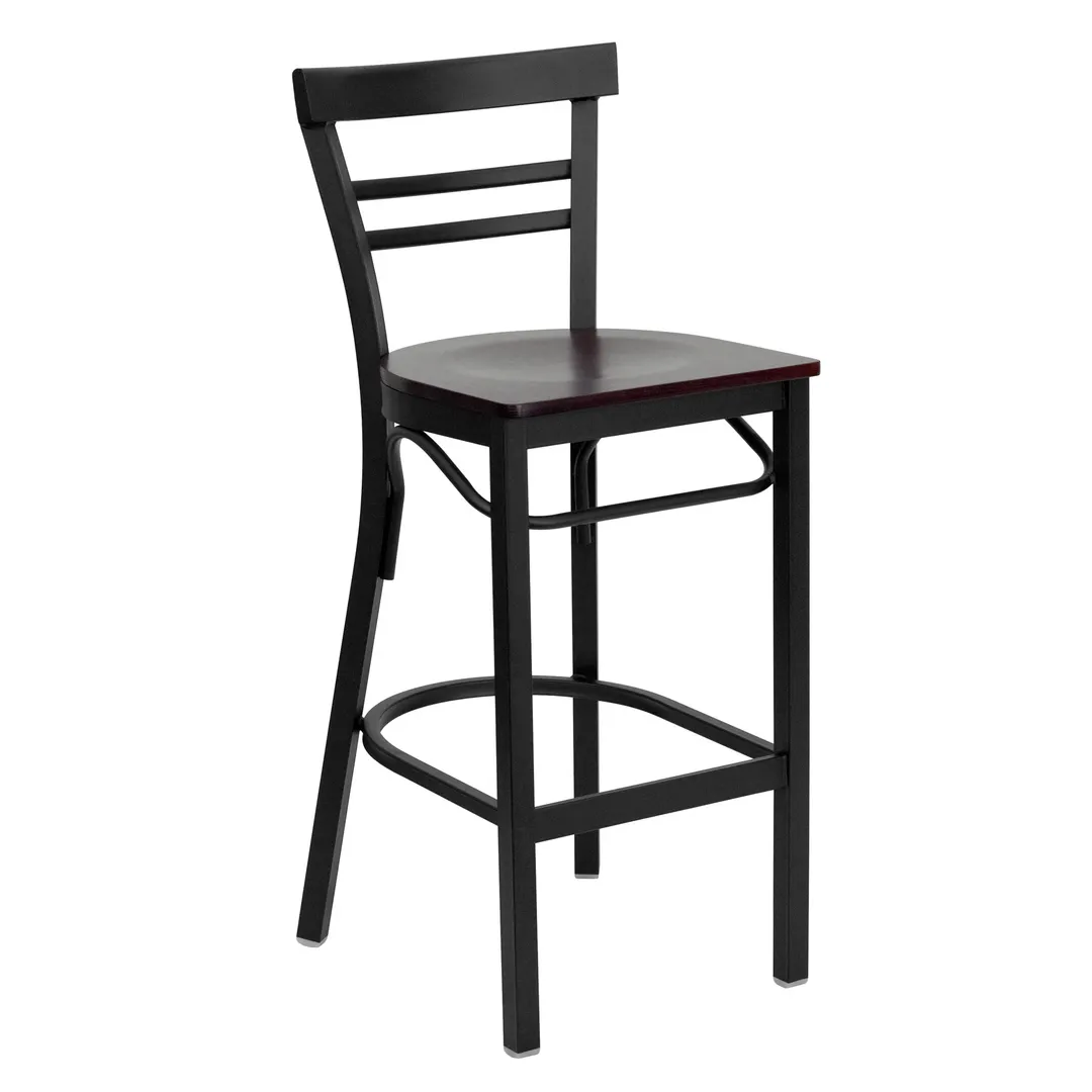 Flash Furniture XU-DG6R9BLAD-BAR-MAHW-GG Hercules Series Restaurant Bar Stool, Metal Ladder Back, Mahogany Finish Plywood Seat, Black Powder Coated Steel Frame