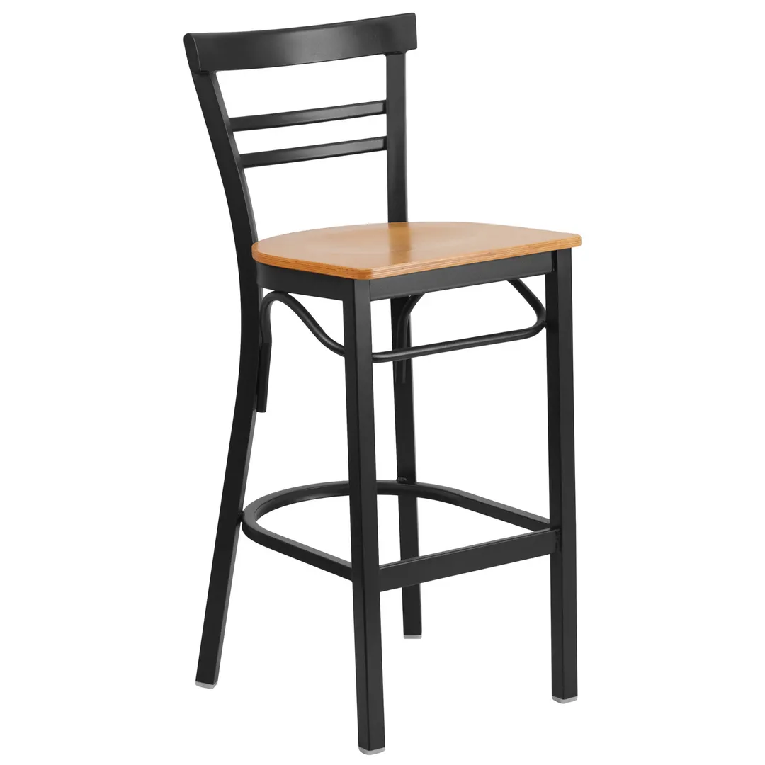 Flash Furniture XU-DG6R9BLAD-BAR-NATW-GG Hercules Series Restaurant Bar Stool, Metal Ladder Back, Natural Finish Plywood Seat, Black Powder Coated Frame