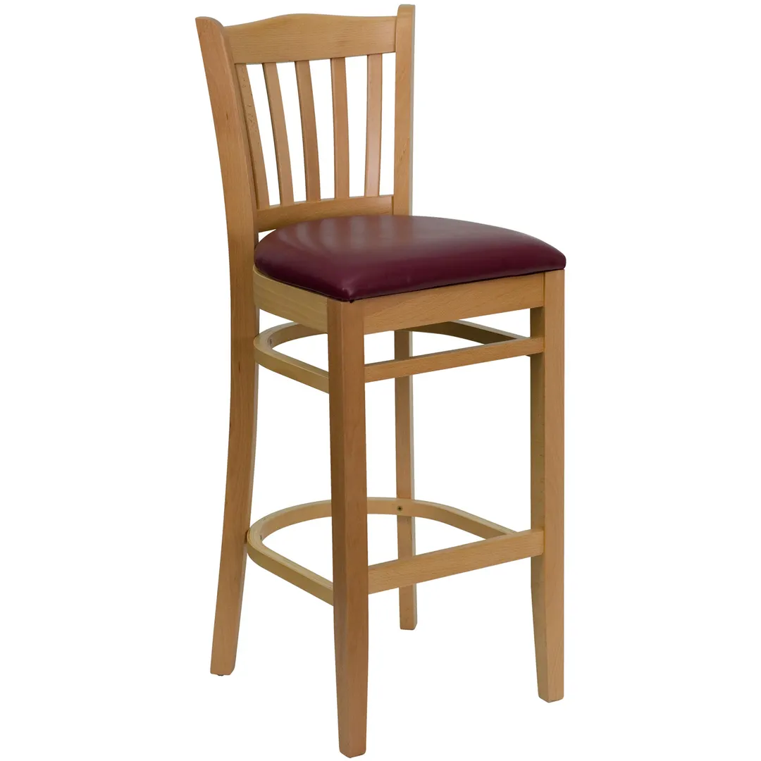 Flash Furniture XU-DGW0008BARVRT-NAT-BURV-GG Hercules Series Restaurant Bar Stool, Wood Slat Back, Burgundy Vinyl Seat, Natural Finish, 2.5" Thick CA117 Foam