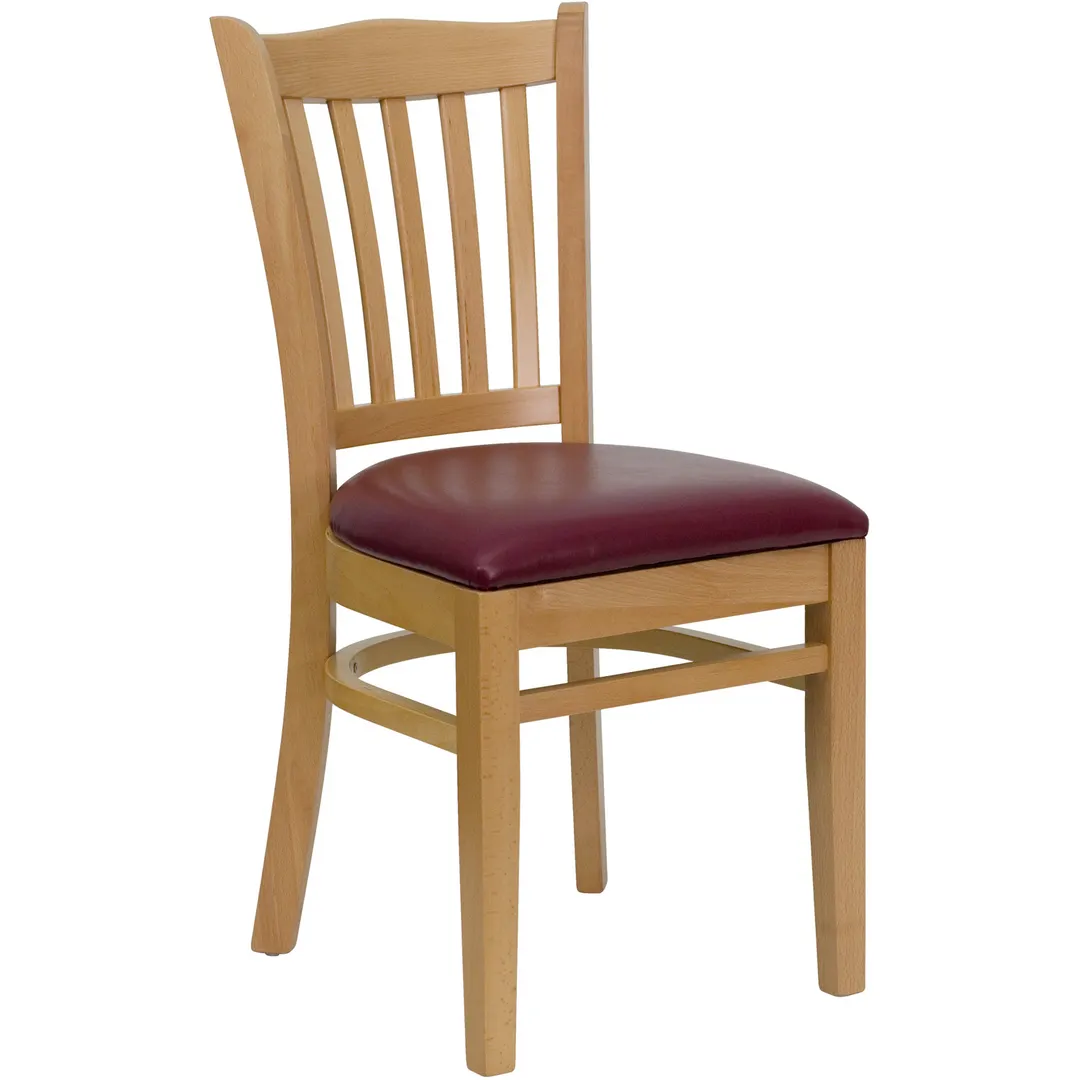 Flash Furniture XU-DGW0008VRT-NAT-BURV-GG Hercules Series Restaurant Chair, Wood Slat Back, Burgundy Vinyl Seat, Natural Finish