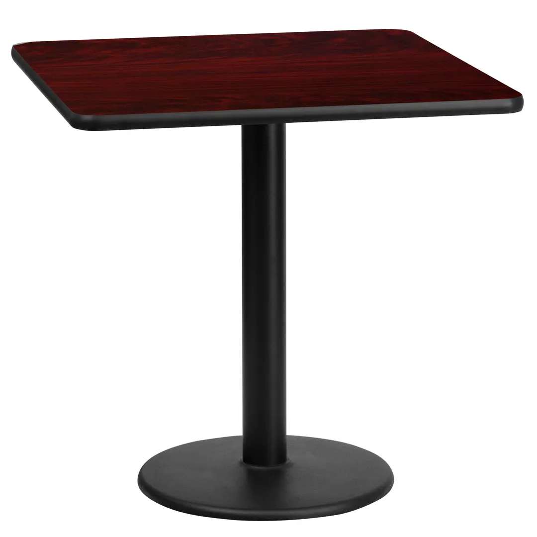 Flash Furniture XU-MAHTB-2424-TR18-GG 24" Square MDF Dining Table, Mahogany Finish, Black PVC Edge, 18" Round Base
