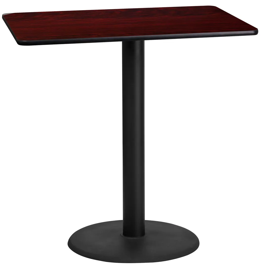 Flash Furniture XU-MAHTB-2442-TR24B-GG 42"W Rectangular Bar Height Table, Mahogany Laminate, Black PVC Edge, 24" Round Base