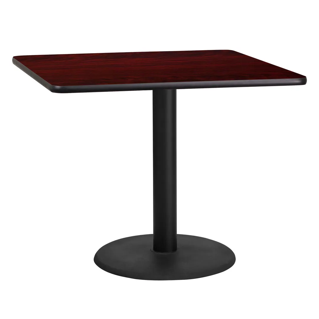 Flash Furniture XU-MAHTB-3636-TR24-GG 36x36 Square Mahogany Laminate Dining Table, 31-1/8H, Pedestal Base, Black PVC Edge