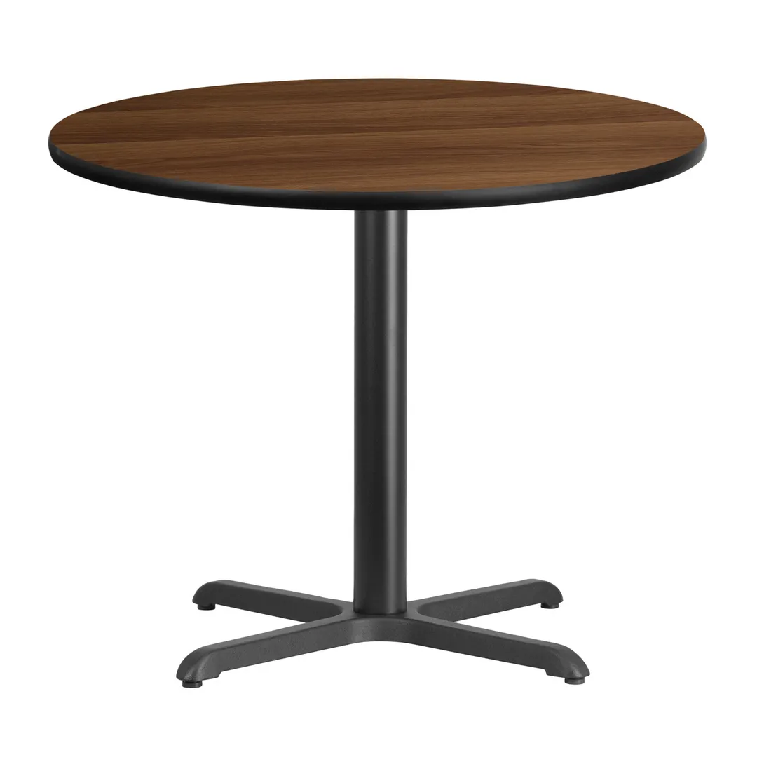 Flash Furniture XU-RD-36-WALTB-T3030-GG 36" Round Walnut Laminate Dining Table, 31-1/8"H, Black PVC Edge, Four Point X-Base