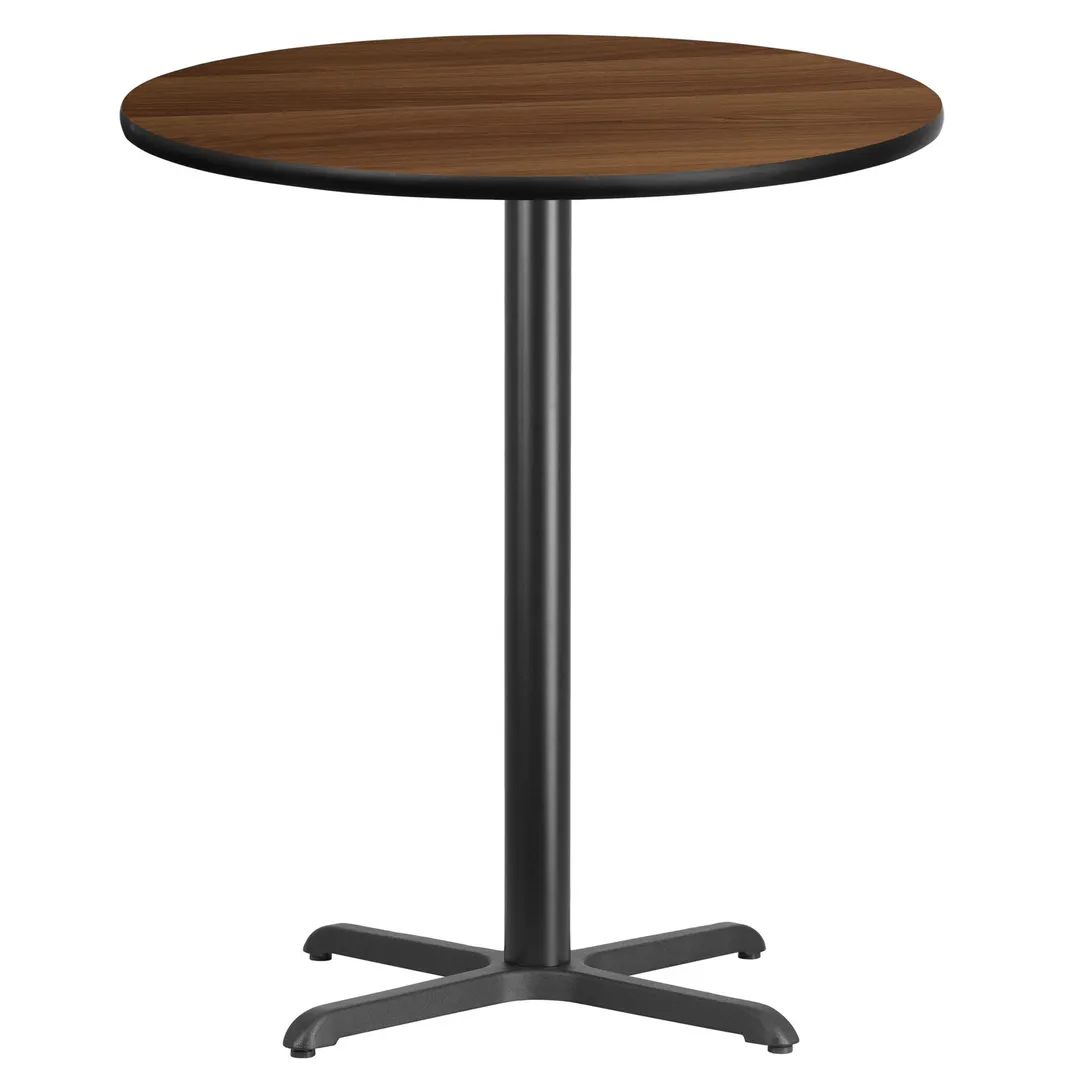 Flash Furniture XU-RD-36-WALTB-T3030B-GG 36" Round Walnut Laminate Bar Height Table, 43-1/8"H, MDF Top, Black PVC Edge, Four Point X-Base