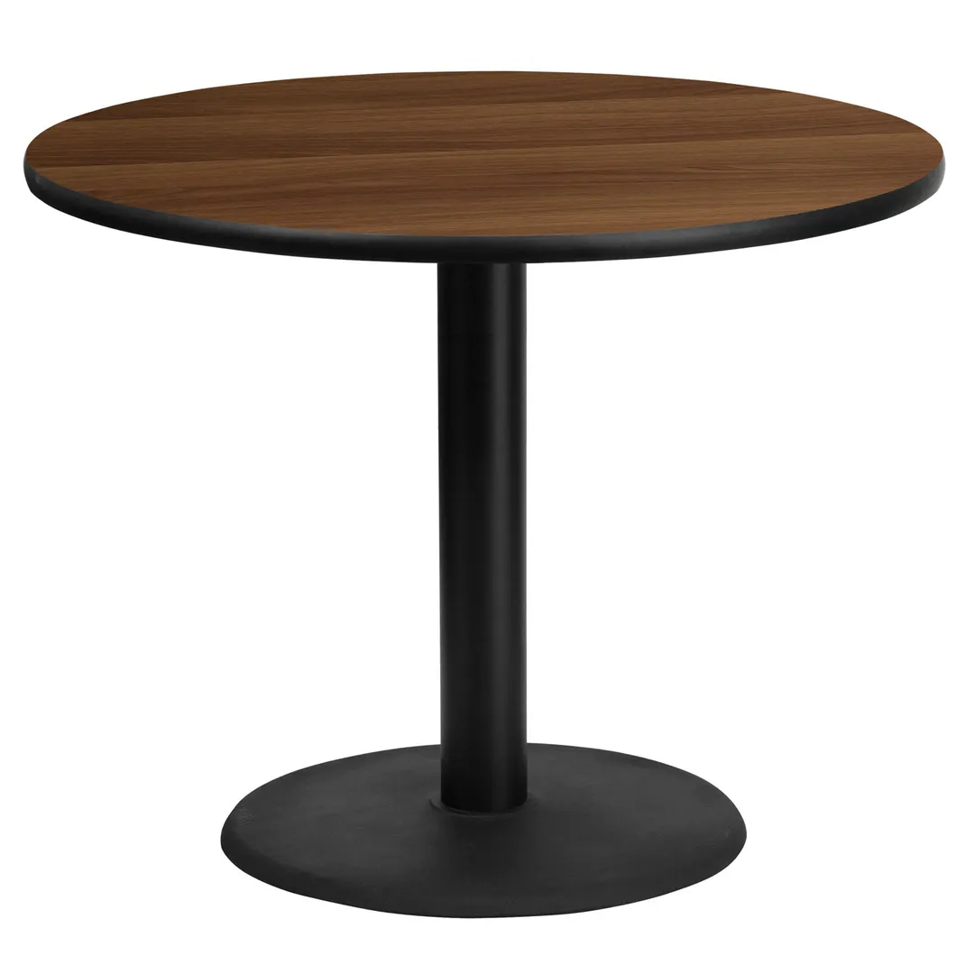 Flash Furniture XU-RD-36-WALTB-TR24-GG 36" Round Pedestal Dining Table, Walnut Laminate, Black PVC Edge, 30" Column