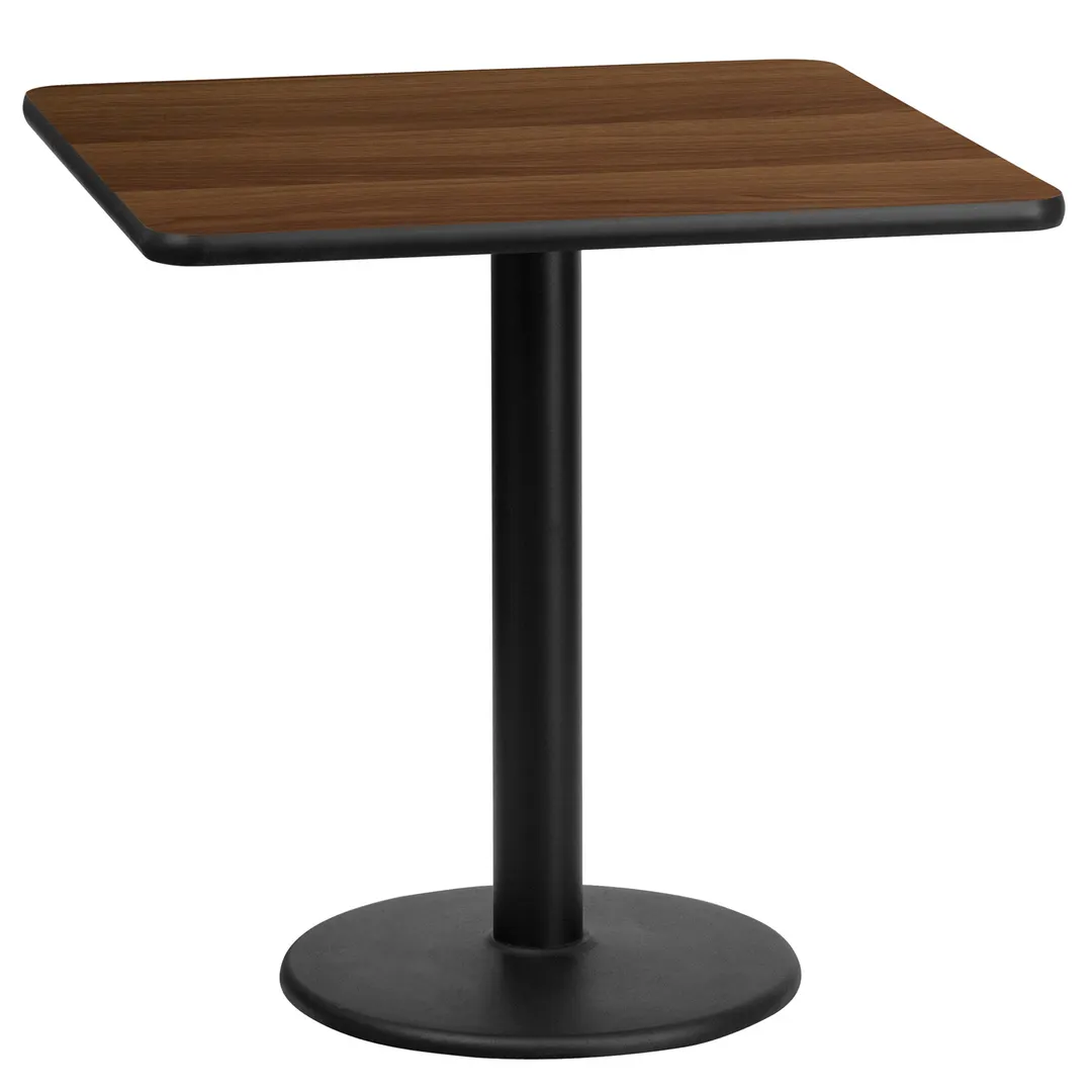 Flash Furniture XU-WALTB-2424-TR18-GG 24x24 Walnut Laminate Square Dining Table, 31-1/8H, MDF Top, Black PVC Edge, 18 Dia. Cast Iron Base