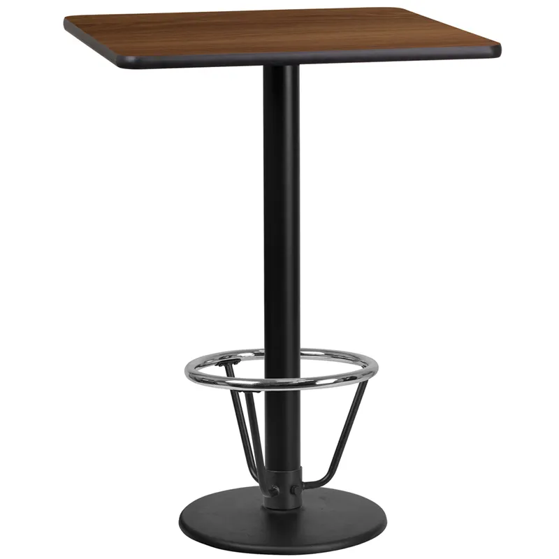 Flash Furniture XU-WALTB-2424-TR18B-3CFR-GG 24" Square Walnut Laminate Bar Height Table, 43"H, MDF Top, Black PVC Edge, Cast Iron Base