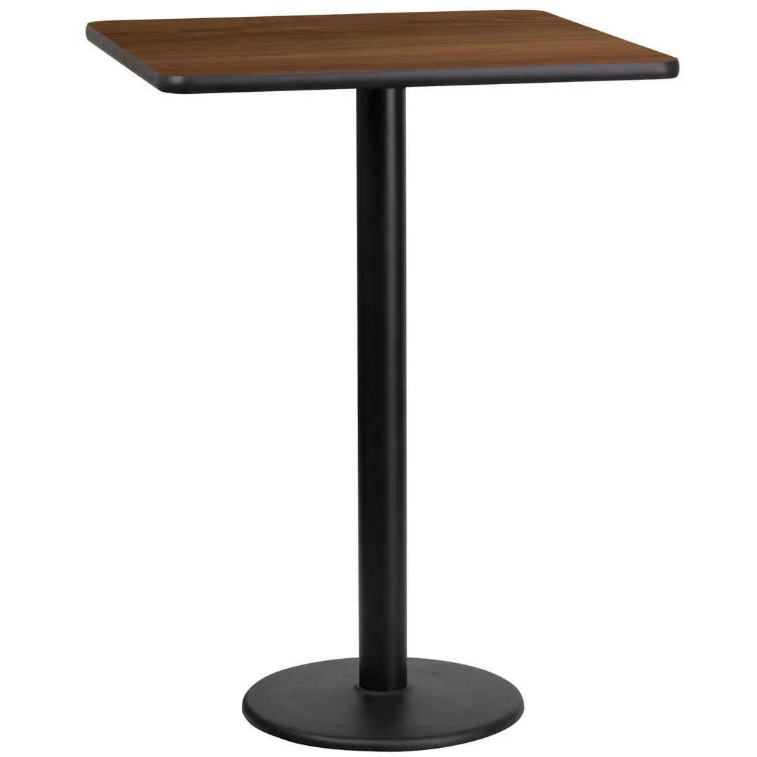 Flash Furniture XU-WALTB-2424-TR18B-GG 24" Square Walnut Laminate Bar Height Table, 43-1/8"H, MDF Top, Black PVC Edge, 18" Round Cast Iron Base