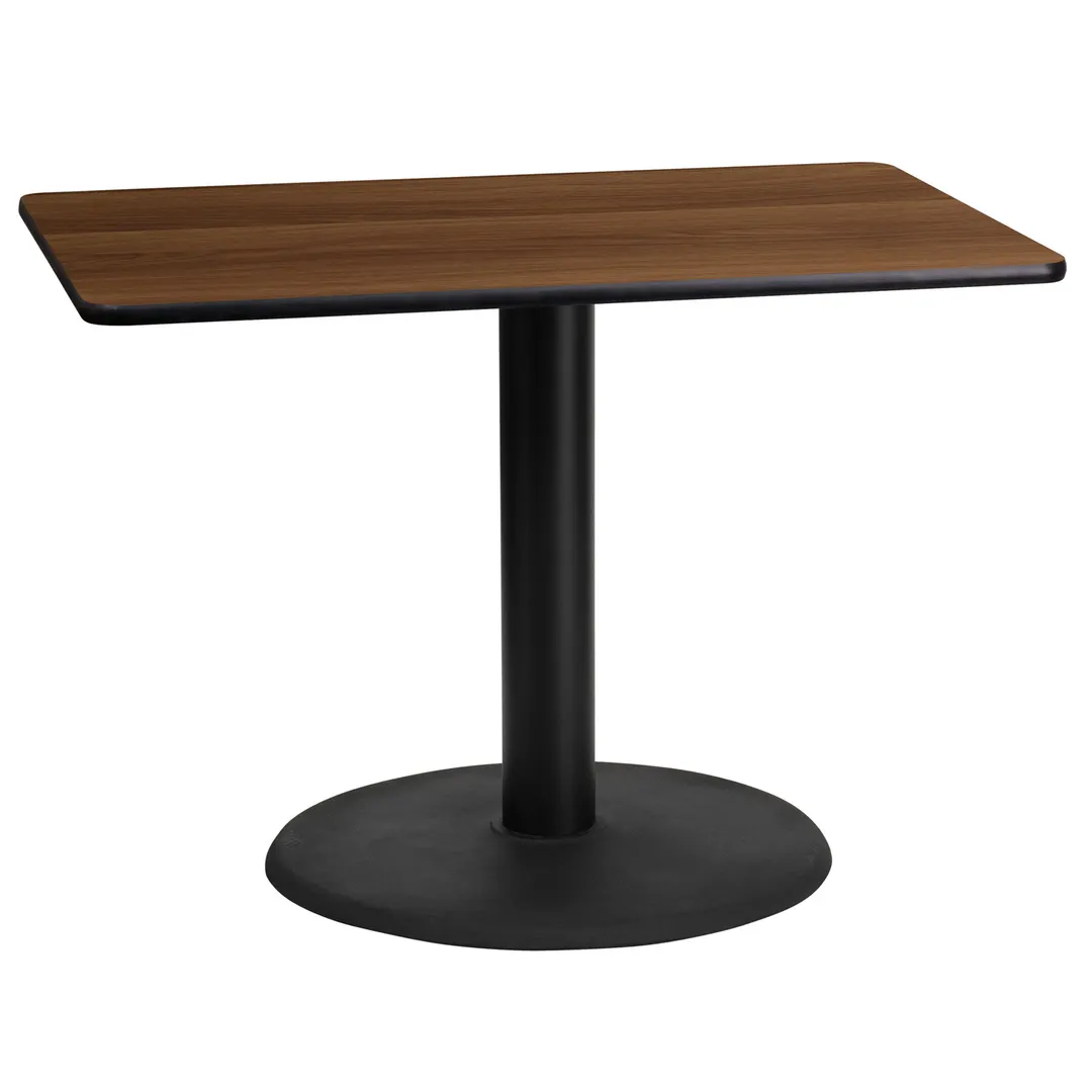 Flash Furniture XU-WALTB-2442-TR24-GG 42"W Rectangular Dining Table, Walnut Laminate, Black PVC Edge, 24" Round Base