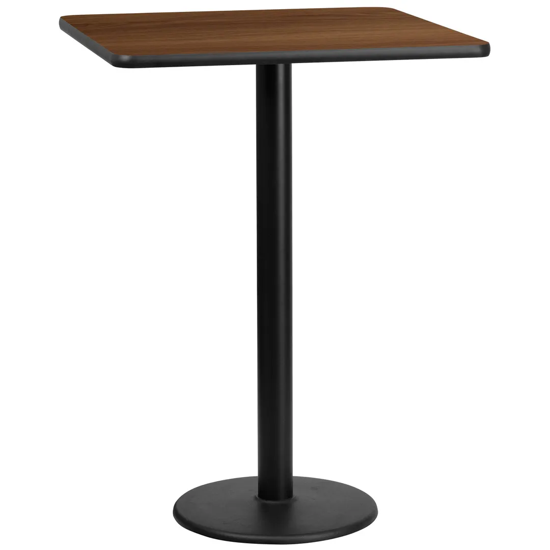 Flash Furniture XU-WALTB-3030-TR18B-GG 30x30 Walnut Laminate Bar Height Table, Square Top, PVC Edge, 18 Dia. Cast Iron Base
