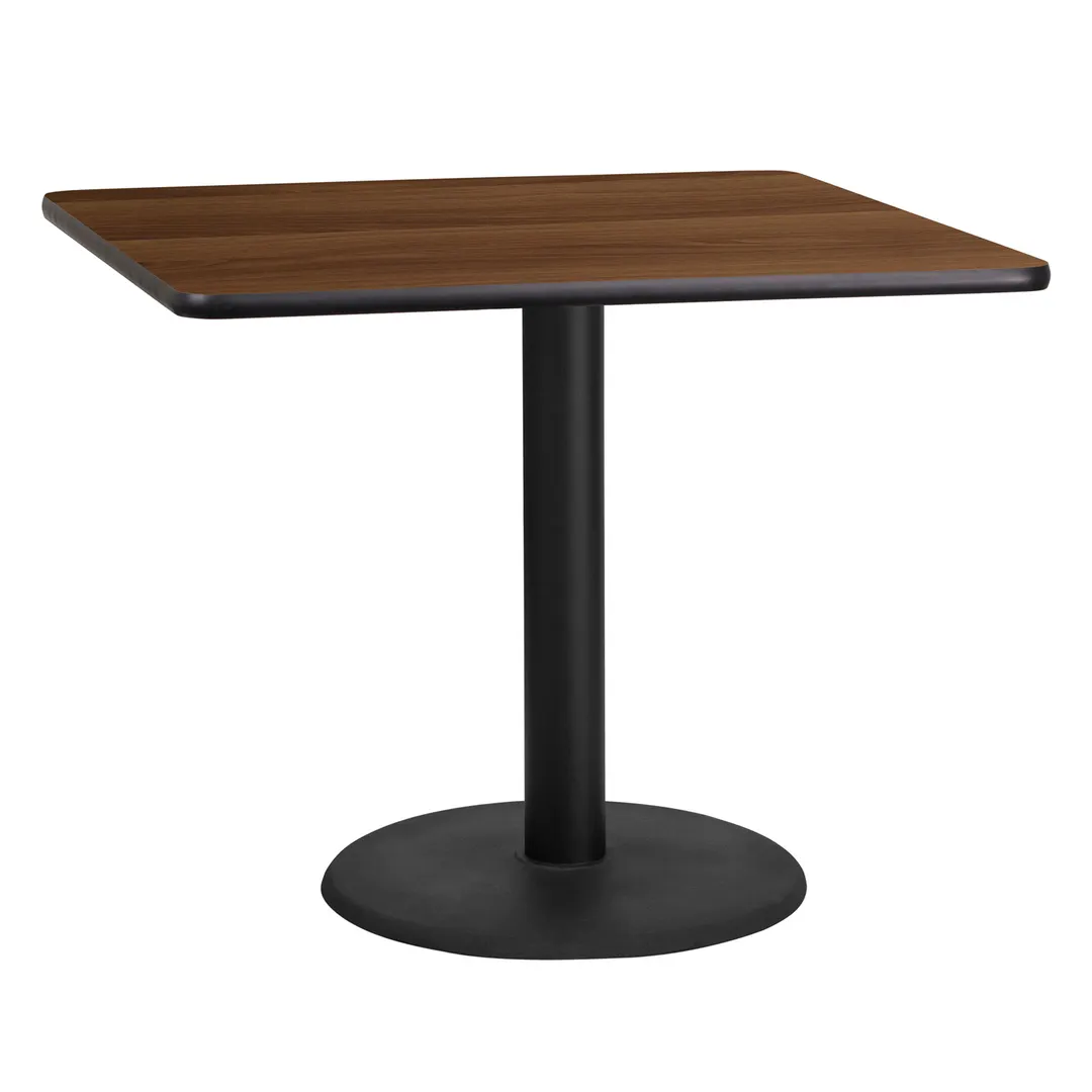 Flash Furniture XU-WALTB-3636-TR24-GG 36x36 Walnut Laminate Square Dining Table, 31-1/8H, Pedestal Base, Black PVC Edge