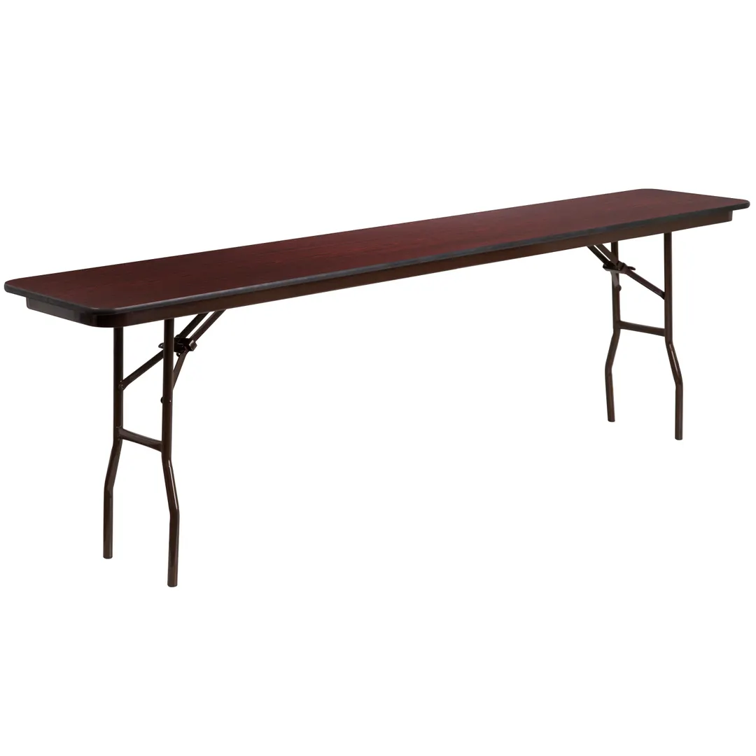 Flash Furniture YT-1896-MEL-WAL-GG Folding Table, 96"W x 18"D x 30"H, Mahogany Melamine Laminate Top, Steel Pedestal Legs, Commercial Use