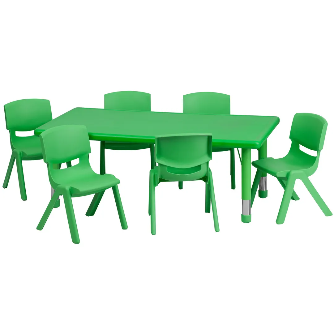 Flash Furniture YU-YCX-0013-2-RECT-TBL-GREEN-E-GG Preschool Activity Table Set, 48x24 Rectangular, Adjustable Height 14.5-23.75, 220 lb, Green Plastic Top, 6 Stacking Chairs