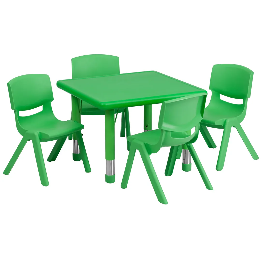 Flash Furniture YU-YCX-0023-2-SQR-TBL-GREEN-E-GG Preschool Activity Table Set, 24x24, Adjustable Height, Green Plastic Top, 220 lb Capacity, 4 Stacking Chairs