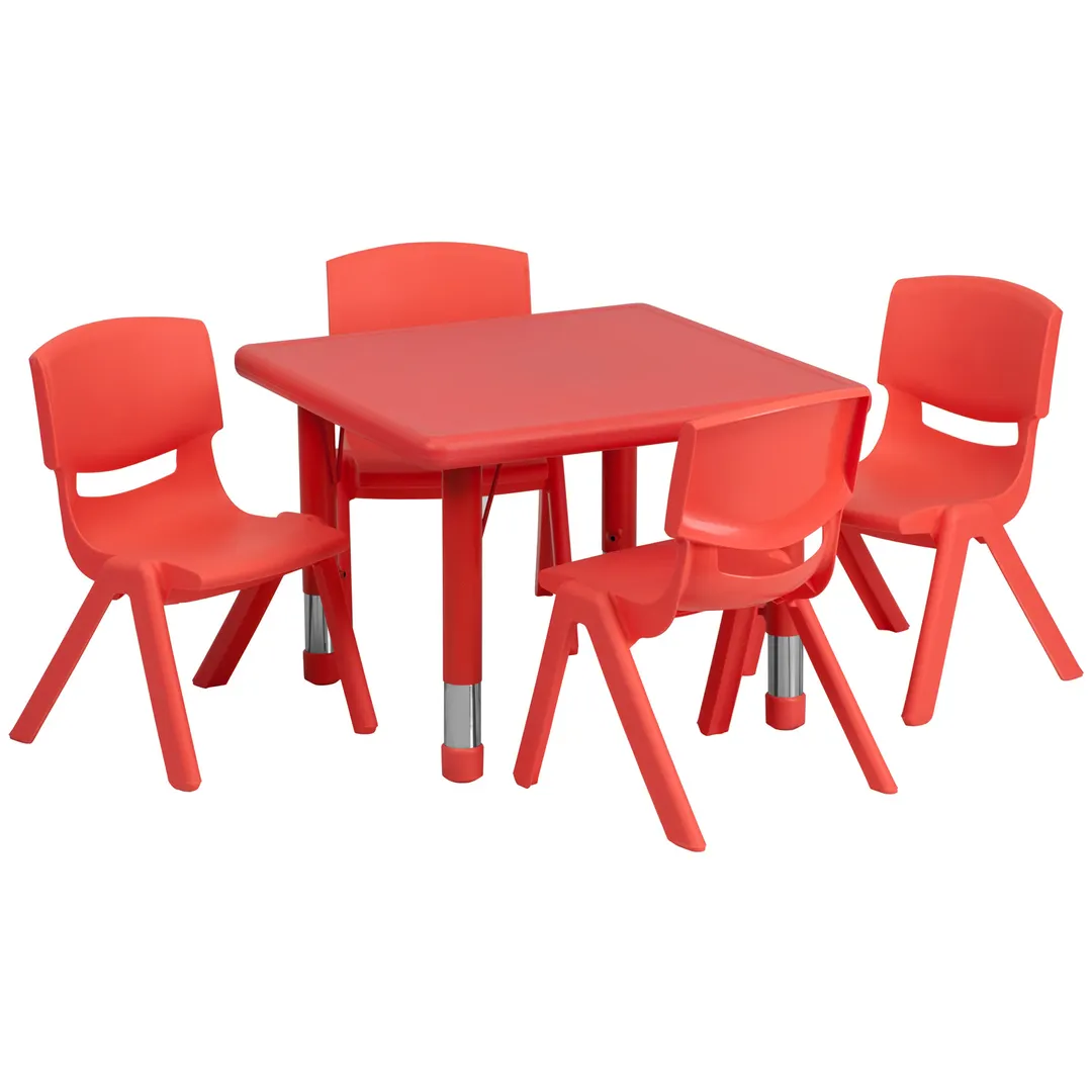 Flash Furniture YU-YCX-0023-2-SQR-TBL-RED-E-GG Preschool Activity Table Set, 24x24, Red, 220 lb, Adjustable Height, 4 Chairs