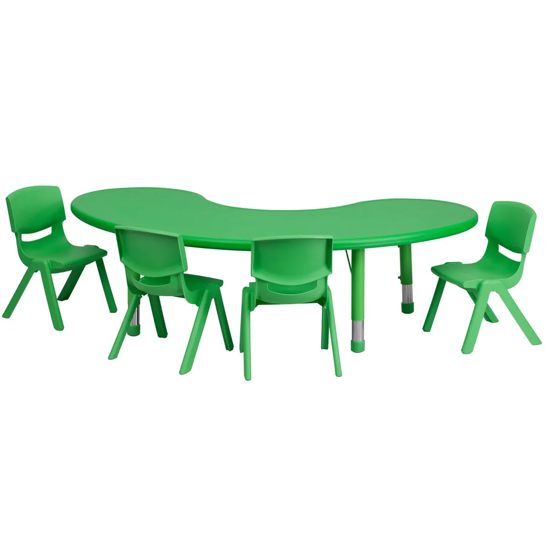 Flash Furniture YU-YCX-0043-2-MOON-TBL-GREEN-E-GG Preschool Activity Table Set, 35x65, Adjustable Height 14.5-23.75, 220 lb, Green Plastic Top, 4 Stacking Chairs