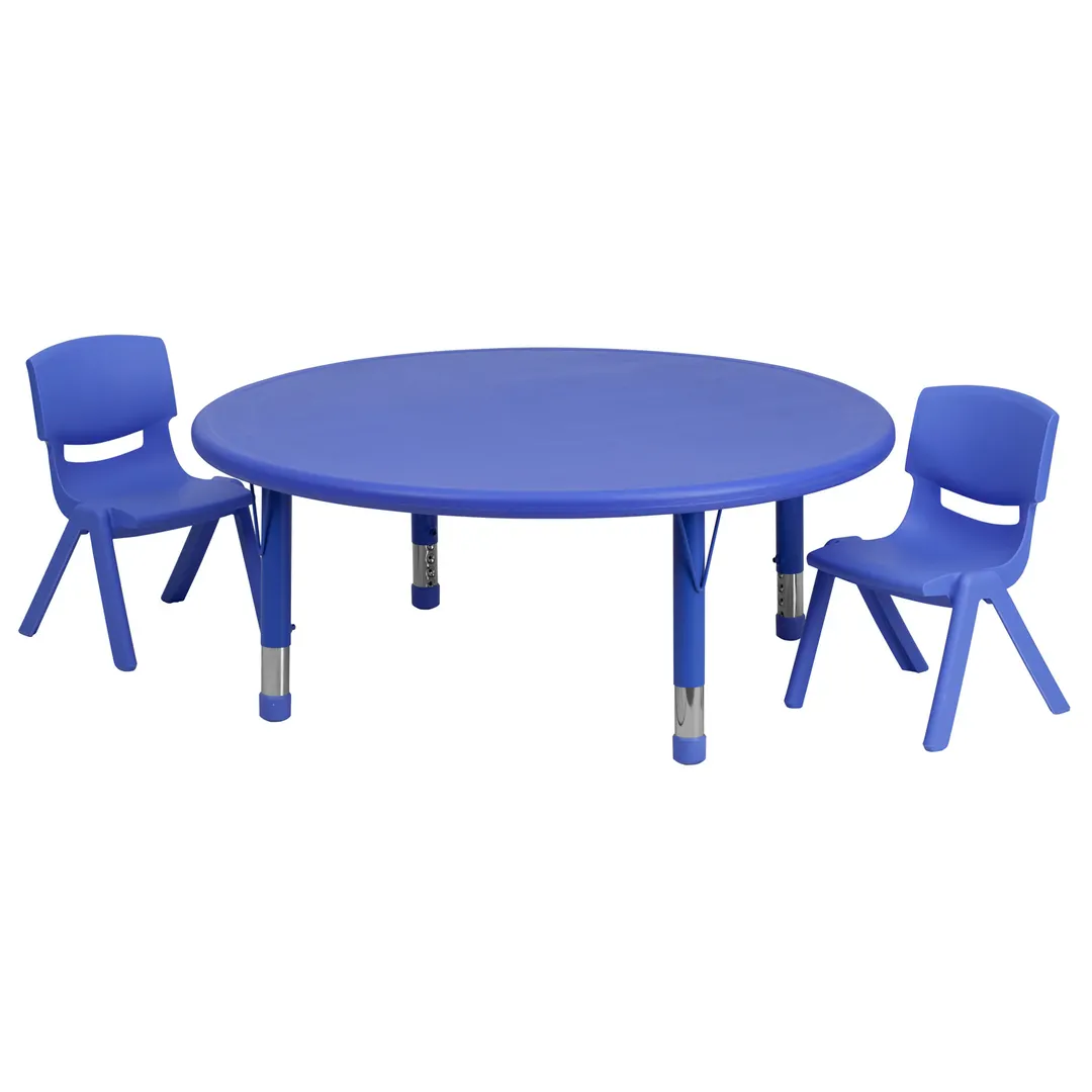 Flash Furniture YU-YCX-0053-2-ROUND-TBL-BLUE-R-GG Preschool Activity Table Set, 45" Round, Adjustable Height, Blue Plastic Top, 220 lb Capacity, 2 Stacking Chairs