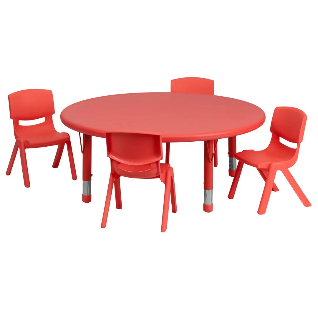 Flash Furniture YU-YCX-0053-2-ROUND-TBL-RED-E-GG Preschool Activity Table Set, 45" Round, Adjustable Height, Red Plastic Top, 220 lb Capacity, 4 Stacking Chairs