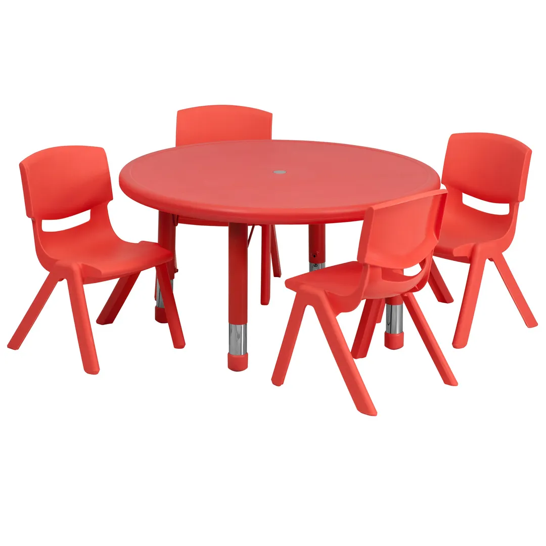 Flash Furniture YU-YCX-0073-2-ROUND-TBL-RED-E-GG Preschool Activity Table Set, 33" Round, Adjustable 14.5-23.75" Height, Red Plastic Top, 220 lb Capacity, 4 Stacking Chairs