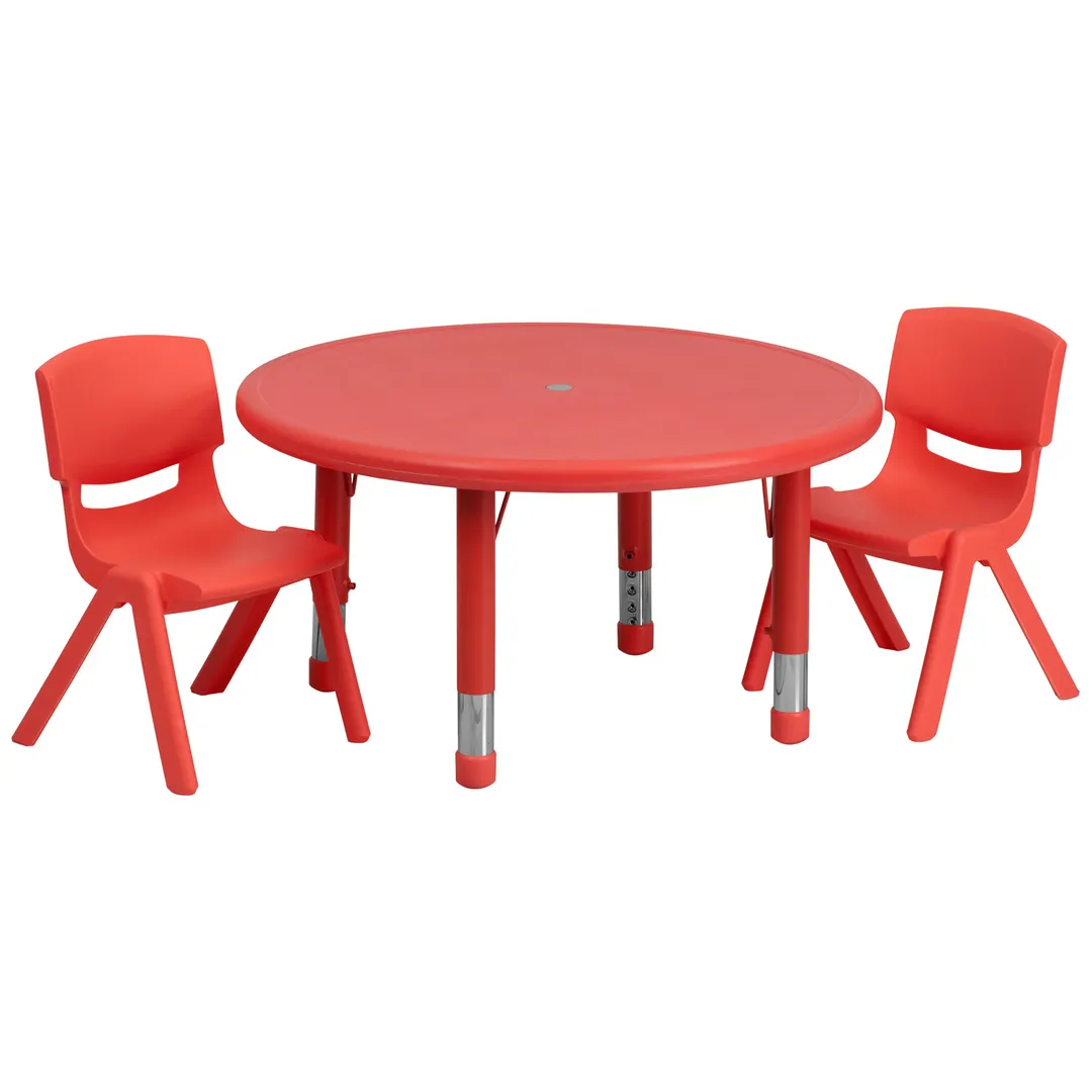 Flash Furniture YU-YCX-0073-2-ROUND-TBL-RED-R-GG Preschool Activity Table Set, 33" Round, Adjustable 14.5-23.75" Height, Red Plastic Top, 220 lb Capacity, 2 Stacking Chairs