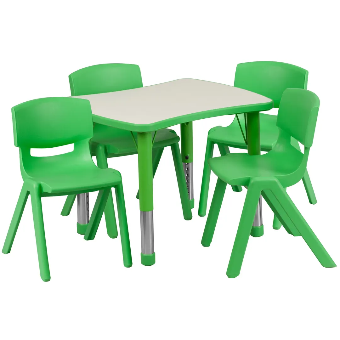 Flash Furniture YU-YCY-098-0034-RECT-TBL-GREEN-GG Preschool Activity Table Set, 26x22 Rectangular, Adjustable 14.5-23.75 Height, 220 lbs Capacity, Laminate Top, 4 Stacking Chairs