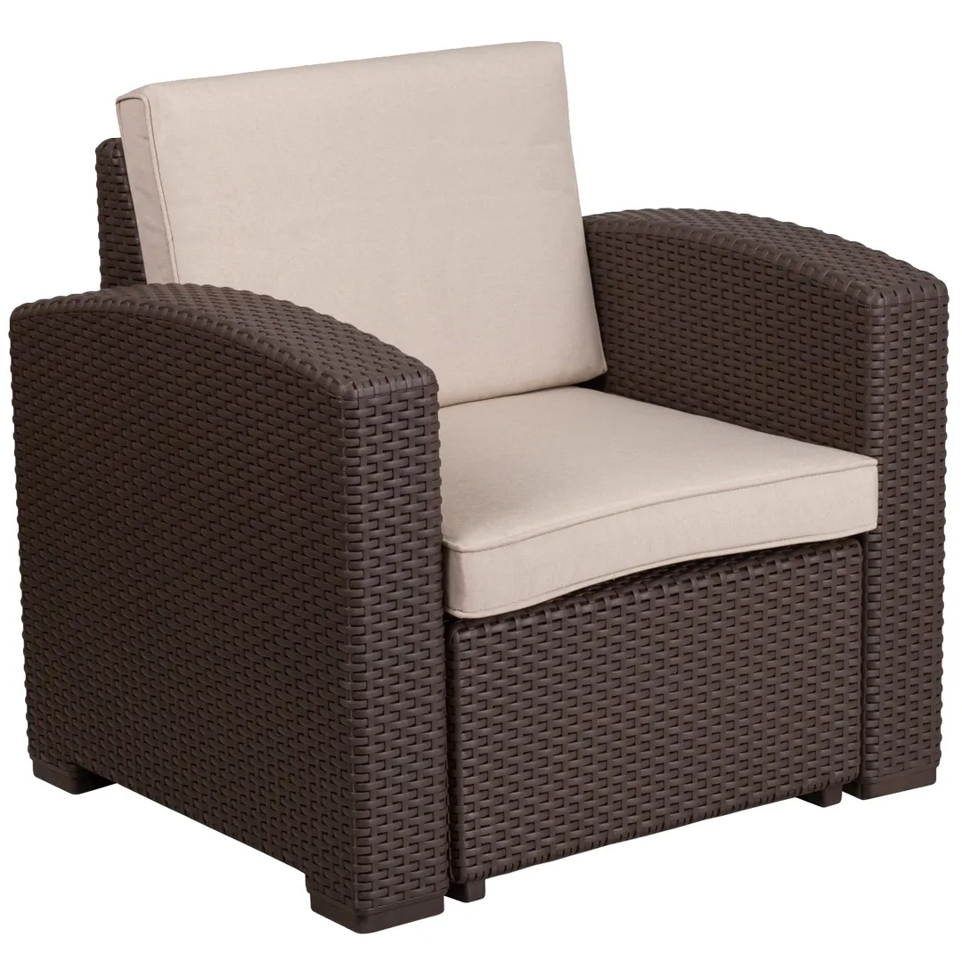 Flash Furniture DAD-SF1-1-GG Outdoor Lounge Chair, 32.75"W x 28"D x 32"H, Faux Rattan, Beige Cushion, Chocolate Brown
