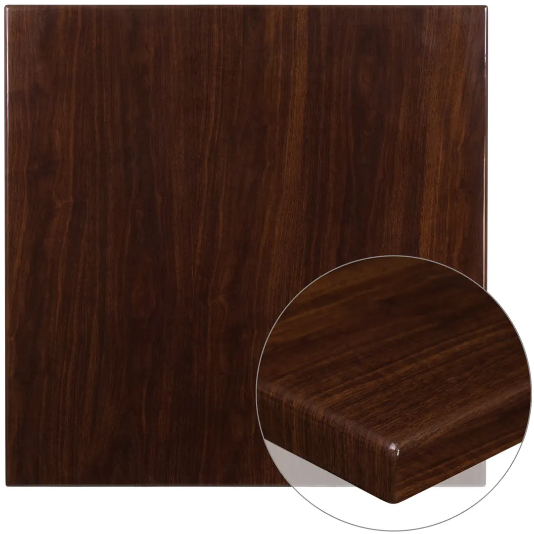 Flash Furniture TP-WAL-3636-GG Square Table Top, 36"W x 36"D, 2" Thick Drop-Lip, High Gloss Resin, Walnut Finish