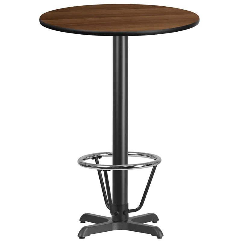Flash Furniture XU-RD-30-WALTB-T2222B-3CFR-GG 30" Round Walnut Laminate Bar Height Table, 43"H, MDF Top, Black PVC Edge, Cast Iron Base