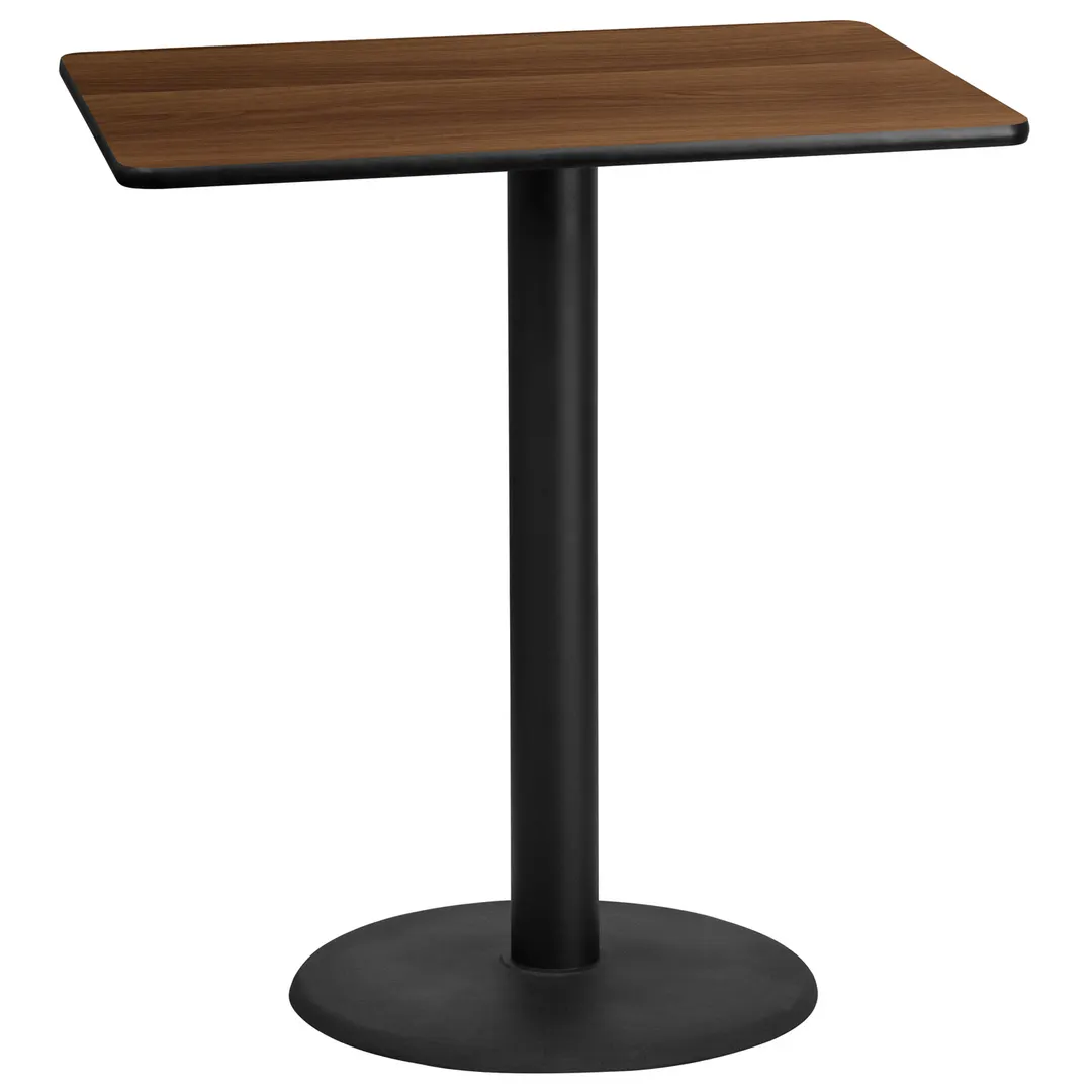 Flash Furniture XU-WALTB-3042-TR24B-GG 42" Rectangular Walnut Laminate Bar Height Table, 30" Deep, MDF Top, Black PVC Edge, 24" Round Base