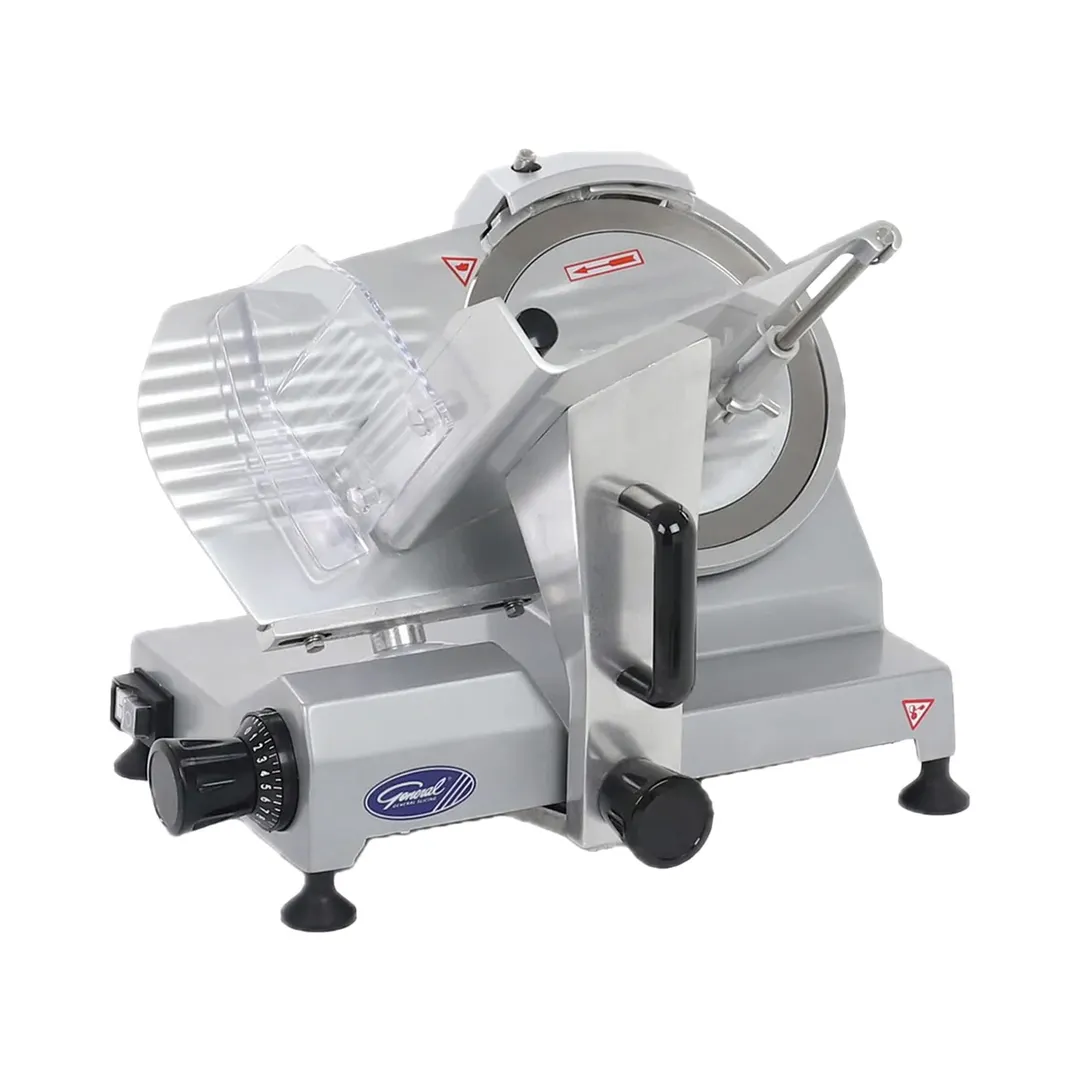 General GSE009 Commercial Meat Slicer – 9" Chrome Knife, 1/6 HP 120W, Belt Drive, Anodized Aluminum, 334 RPM