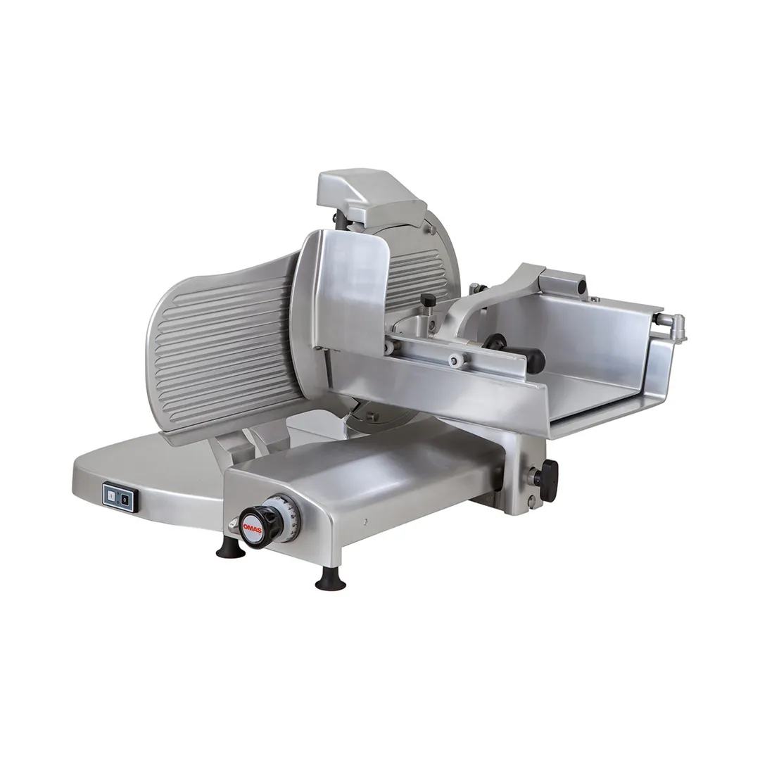 Omas H37S Food Slicer – 15” Blade, Gear, 45° Angle Feed, Aluminum, 2/5 HP, 300W, 110V, 0-25mm Slice Thickness