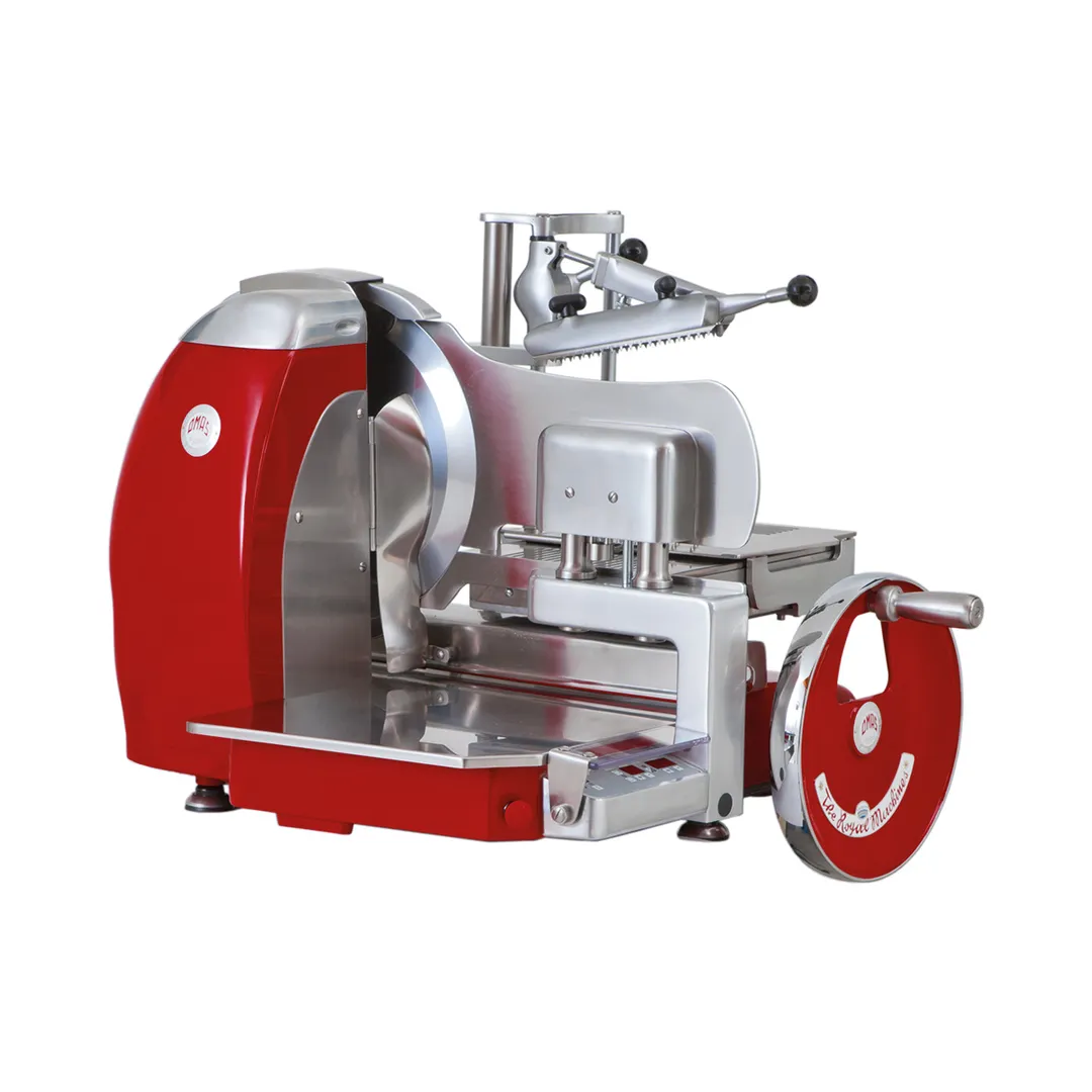Omas S9M Volano Flywheel Meat Slicer, Semi-Automatic, 14-1/2" Chromium-Plated Blade, 1/4" Slice, Aluminum, Red Finish