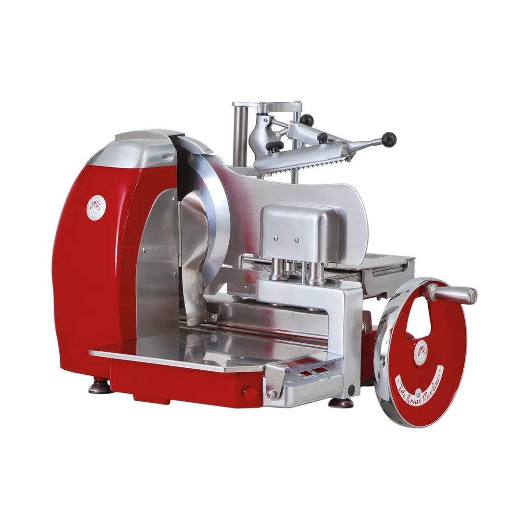 Omas SE937E Volano Flywheel Automatic Meat Slicer, 14-1/2" Chromium Blade, 1 HP Motor, Aluminum Red, Built-in Sharpener