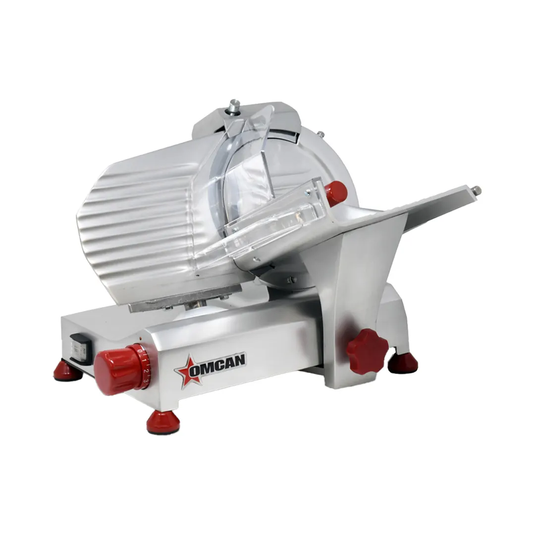 Omcan USA 13607 Meat Slicer – 8” Carbon Steel Blade, Manual Gravity Feed, Belt Drive, 1/5 HP 110V, Anodized Aluminum