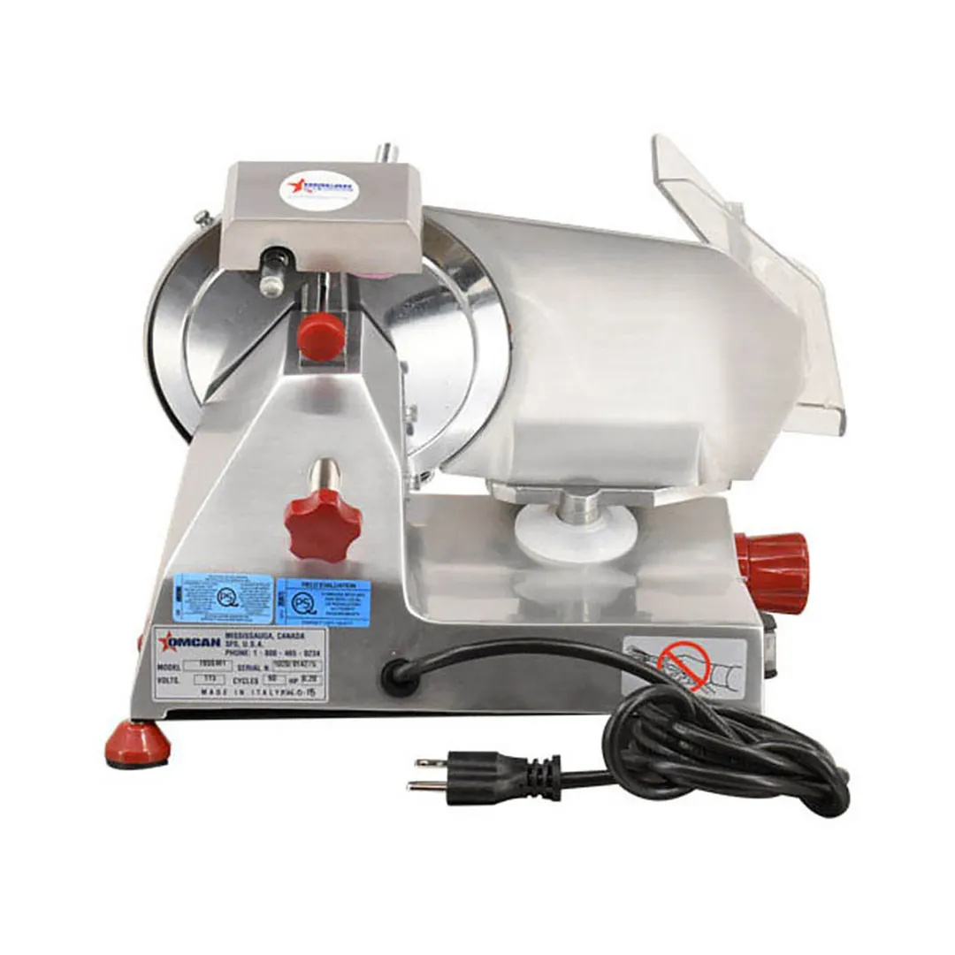 Omcan USA 13607 Meat Slicer – 8” Carbon Steel Blade, Manual Gravity Feed, Belt Drive, 1/5 HP 110V, Anodized Aluminum