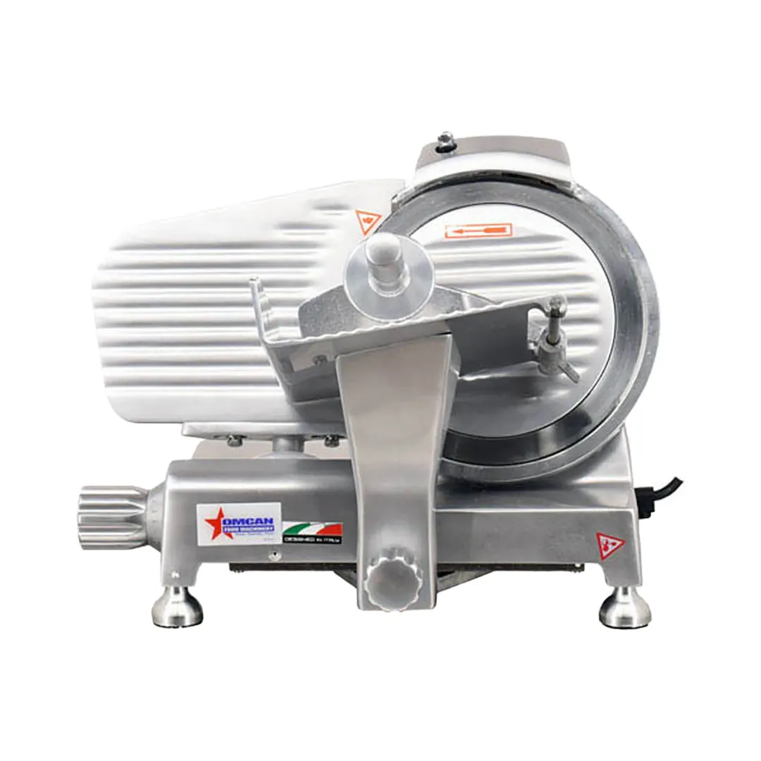 Omcan USA 41710 - 9" Belt-Driven Commercial Meat Slicer, 1/6 HP Electric Motor, Angle/Gravity Feed, Blade Locker
